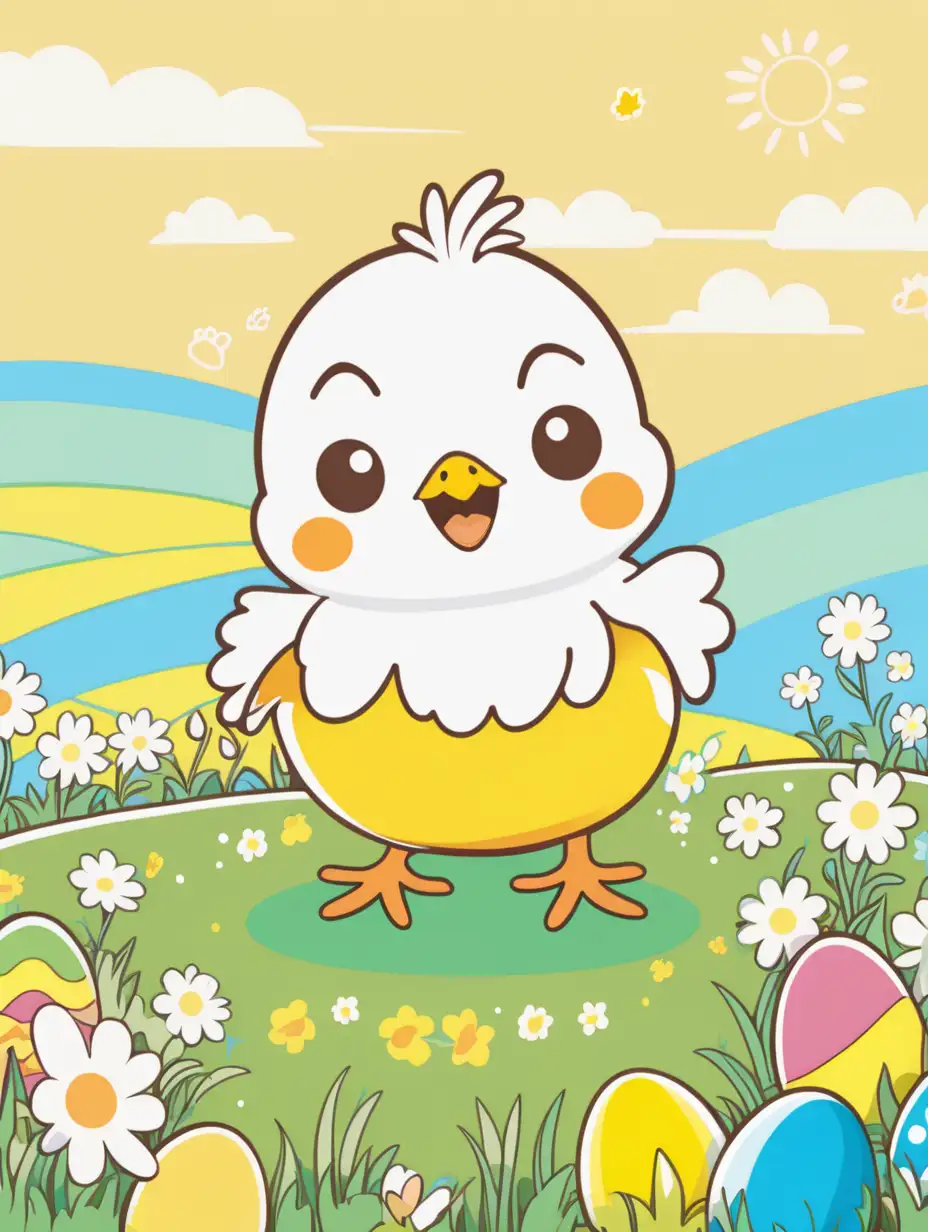 Cheerful Kawaii Baby Chick in Vibrant Spring Field Easter Vector Art