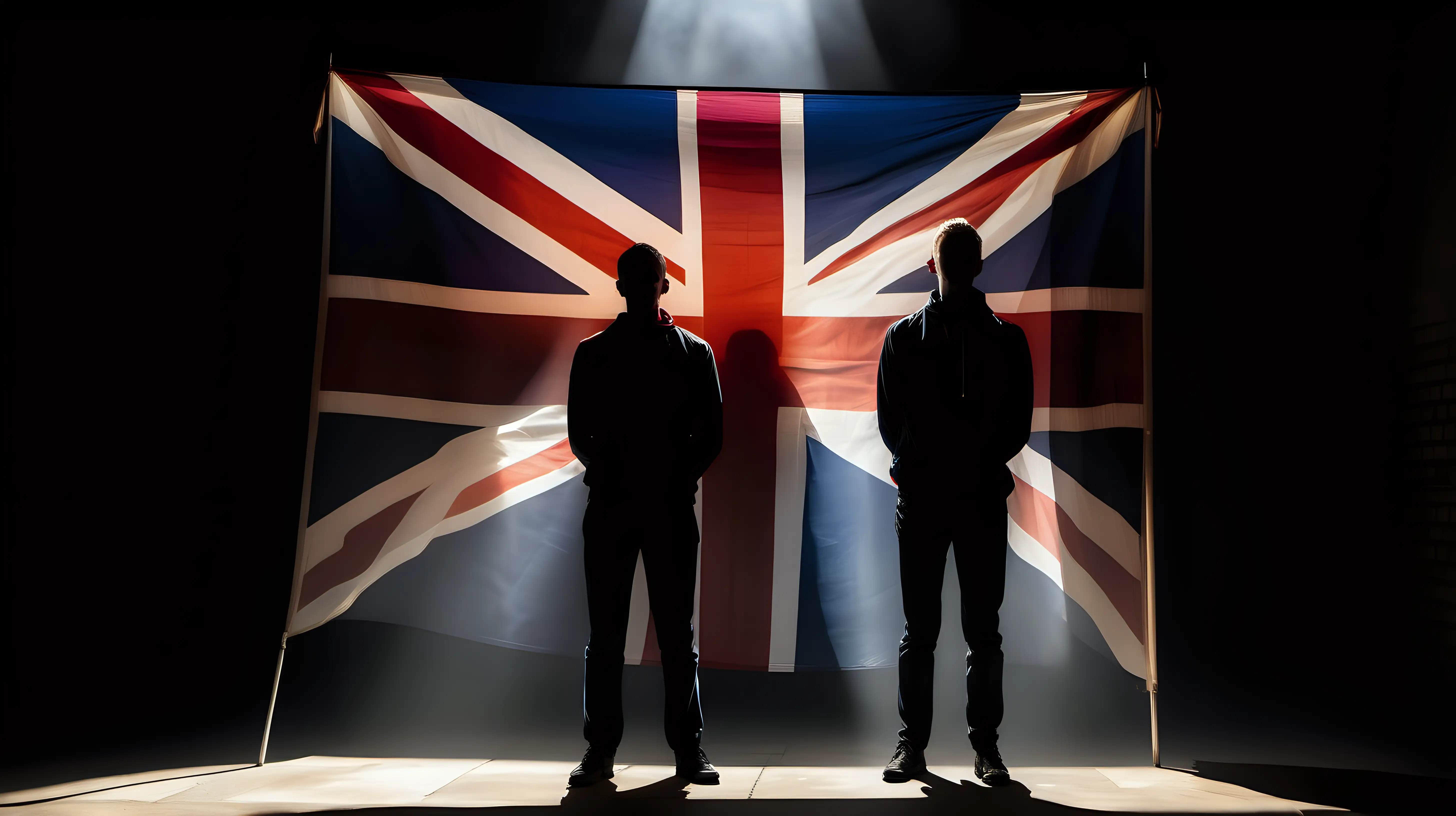 "Pride in the light: Capture the powerful image of a person standing tall, holding a glowing Union Jack flag, the light casting shadows that echo the strength of their patriotic convictions."