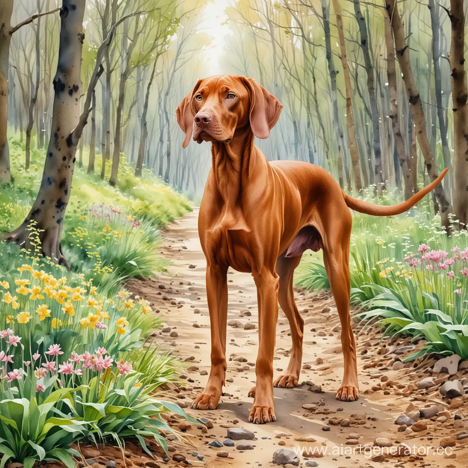 Hungarian-Vizsla-Stroll-Spring-Forest-Watercolor-Painting