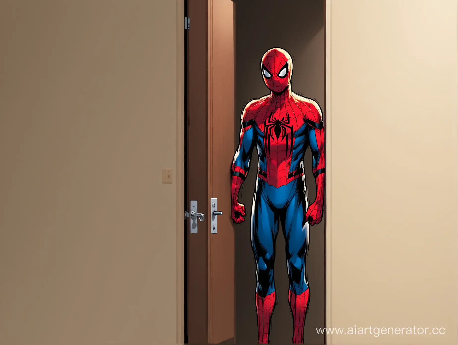 Человек паук стоит в дверном проёме