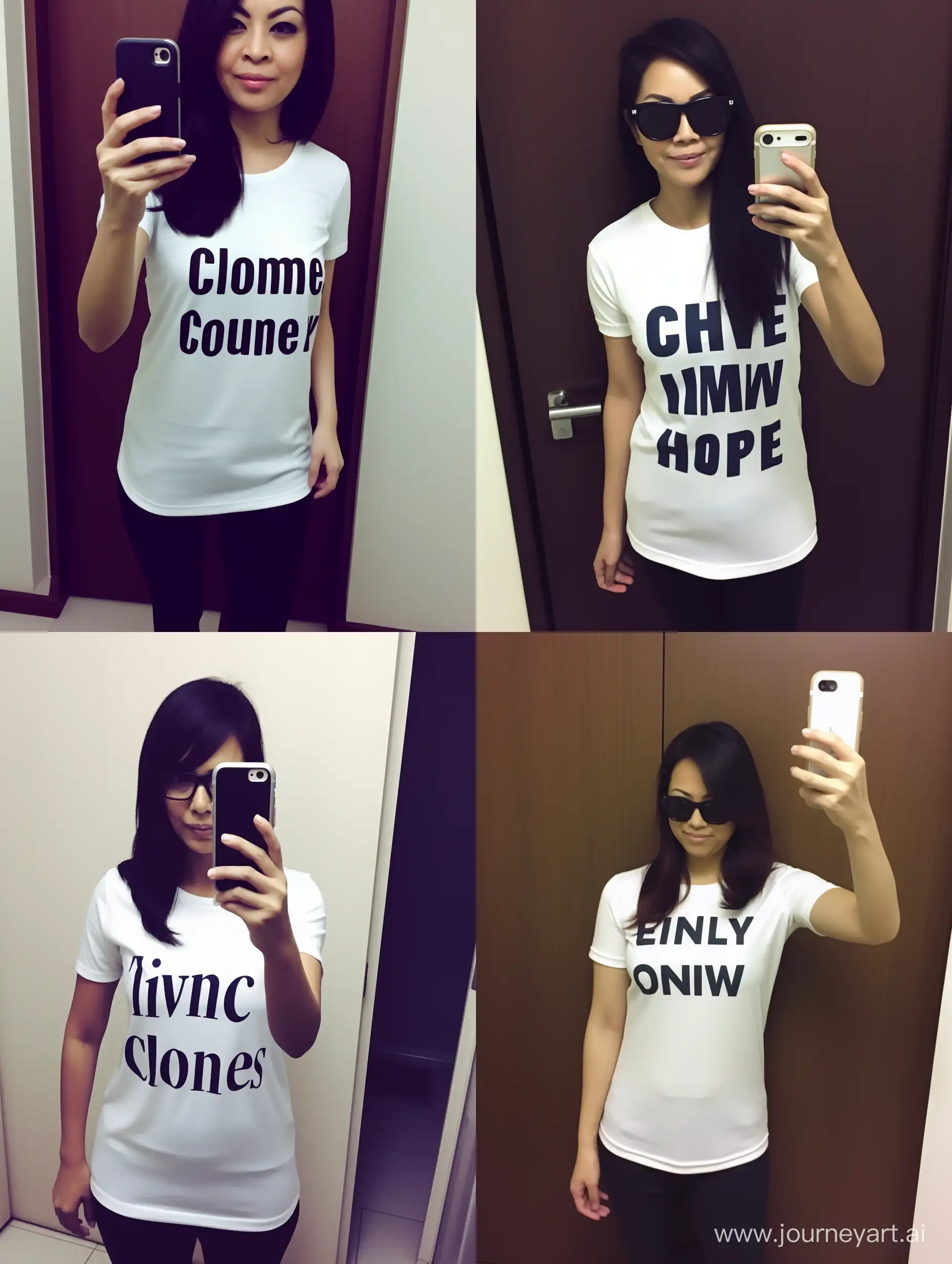 A woman in her thirties wearing a T-shirt with "ChenLuWeiYing" written on it took a selfie with her phone in an ordinary apartment and posted it on Weibo--style raw --s 0 --ar 3:4