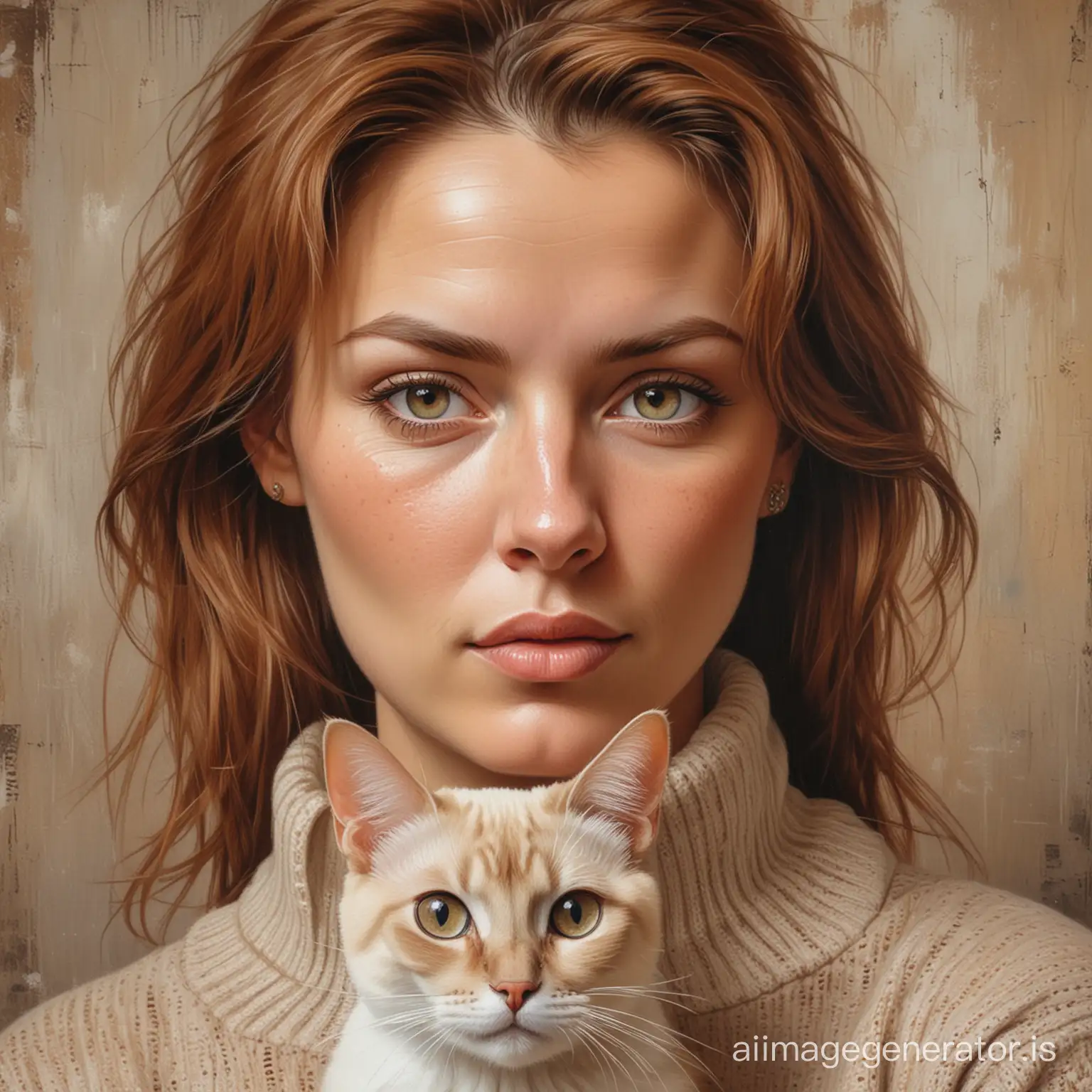A textured oil painting, an elegant woman, eye pupil, 55, from the 90s, always facing the viewer, is depicted with a chestnut-colored hairstyle and expressive eyes. Her cheeks have a hint of blush, and she wears a long-sleeved sweater that matches the fashion of the time, holds a small Siamese-Siamese cat, graffiti, conceptual art, painting, illustration