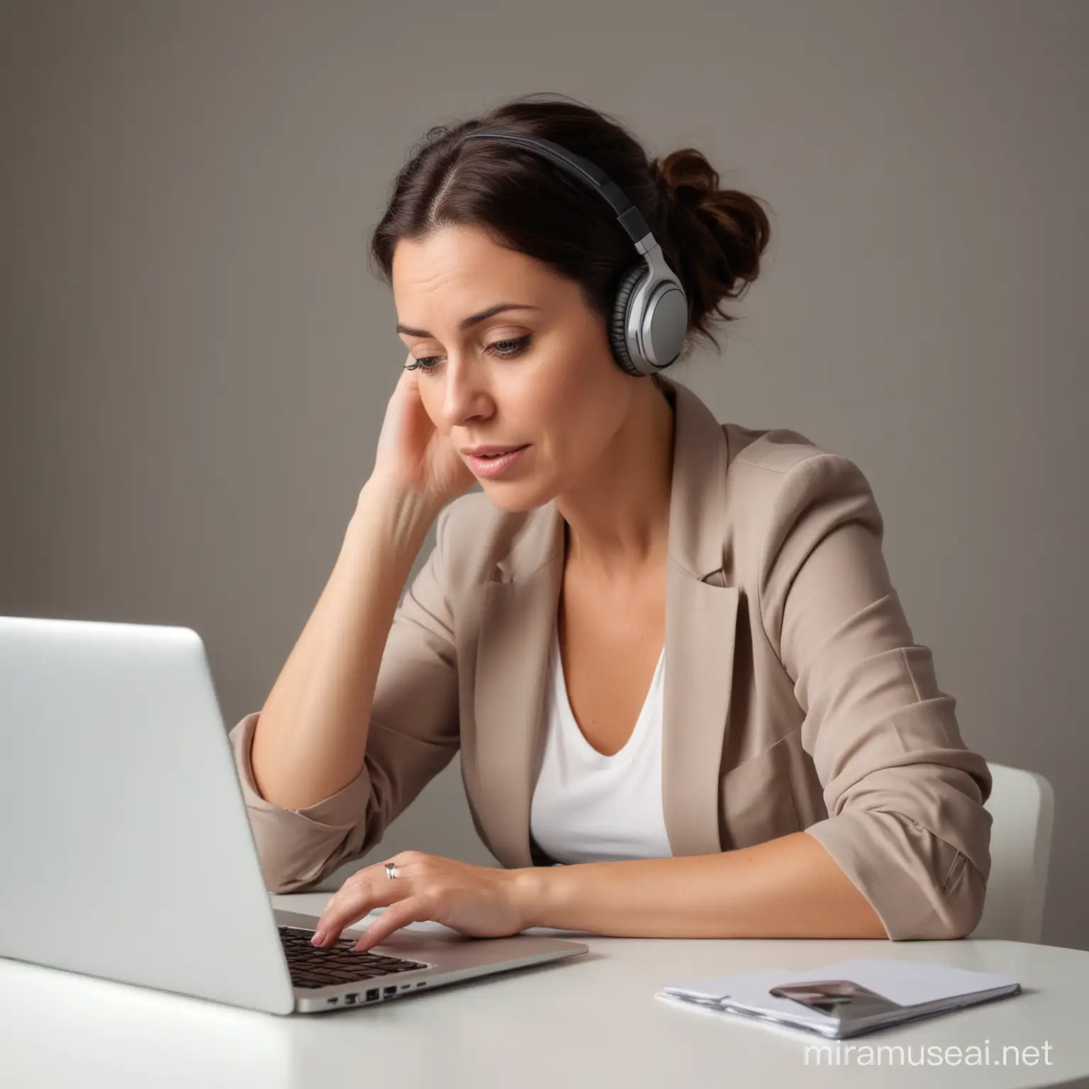 realistic view of a female entrepreneur in her late 30ies, slight stressed, up to her ears in work, using her laptop to efficiently run her one-woman business. 