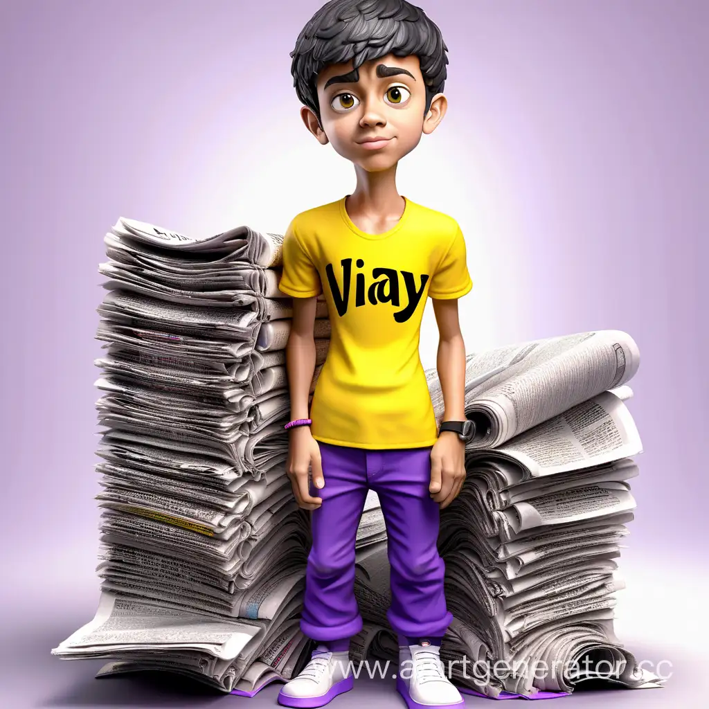  3D caricature of a teen boy standing on the newspaper. High quality realistic photo, and  there is name  " VIJAY " in 3D letter style, embossed and realistic, in black yellow, inknium purple and white.