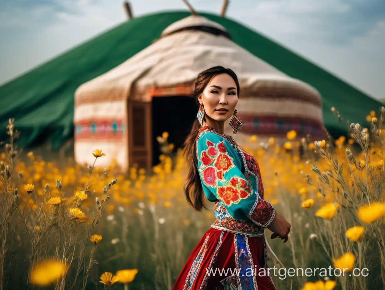 казашка красивая женщина танцует на поле цветов с серьгами на ушах в полный рост на фоне юрты