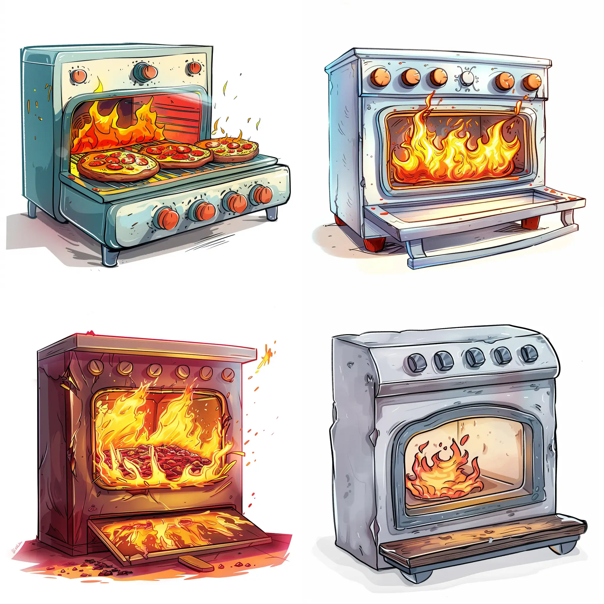 In comic cartoon drawing of oven with fire, white background, Use only 3c2337,fadcca,f5965f,ed6f4c,fa4637, Style of Erik Jones, sparth, highly detailed, hyper-detailed, 