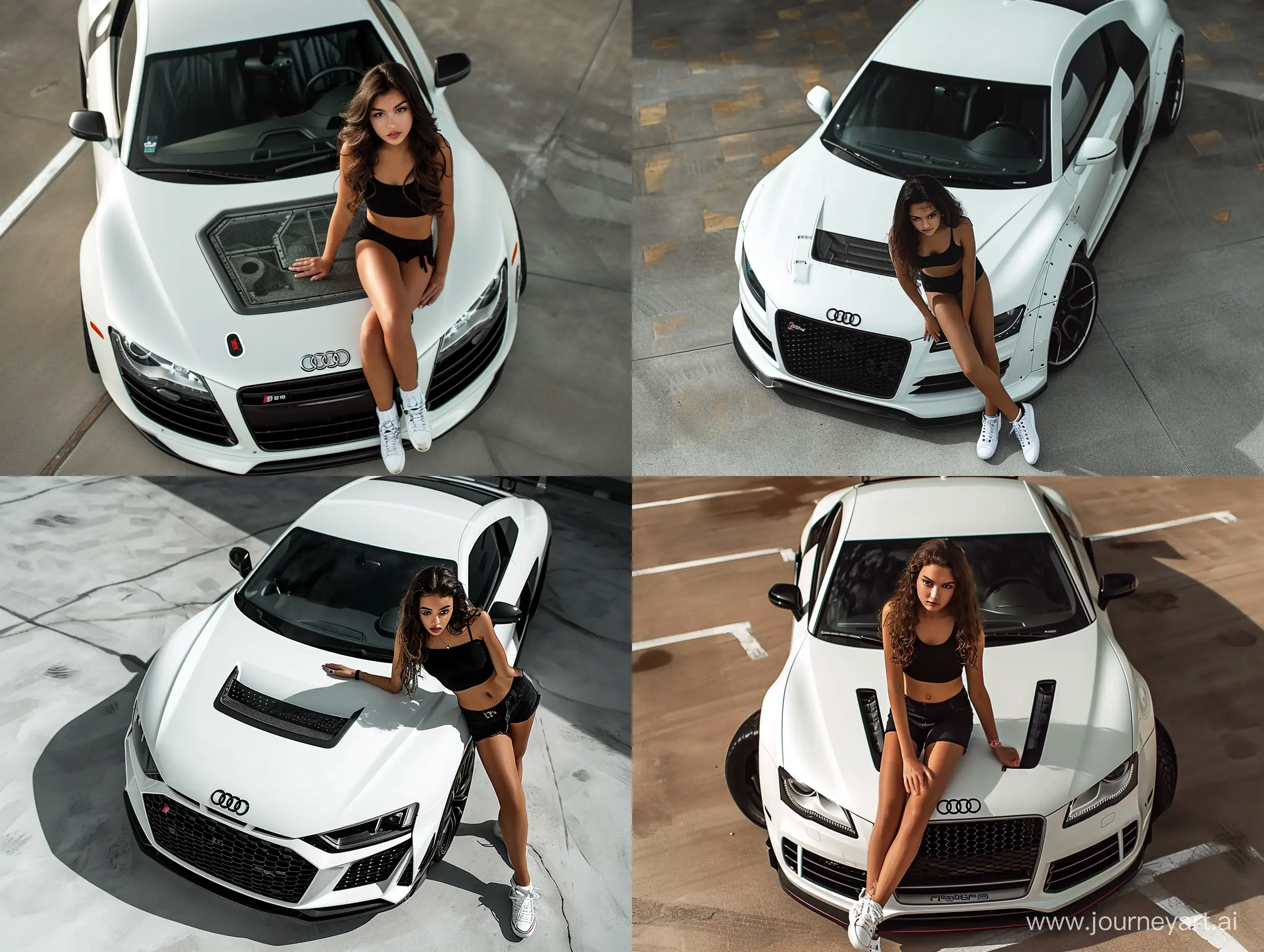Stylish-Brunette-Poses-on-White-Audi-GTR-Top-View-Fashion-Shot