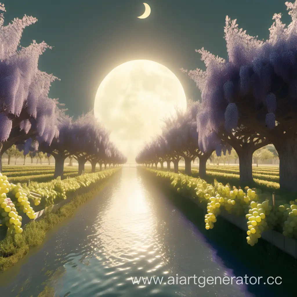 A river of milk, Grape trees, temple , Sun, moon and, People , realistic, 8k ,octane render

