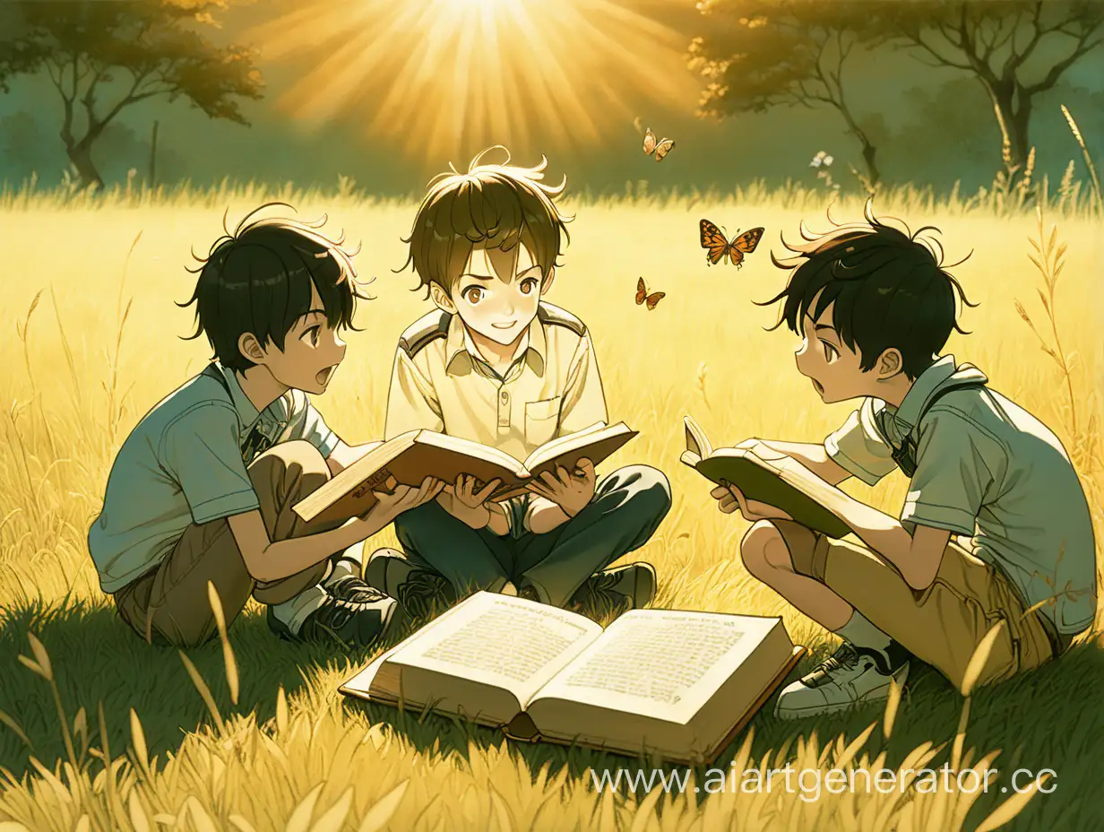 Два мальчика сидят в траве и смотрят друг на друга, картинка в теплых оттенках с солнечными лучами, в аниме стилистике, пол тела в развороте 3/4, один показывает жука в руках с радостью, а другой прячется за книгой, напуганный, мальчиков двое