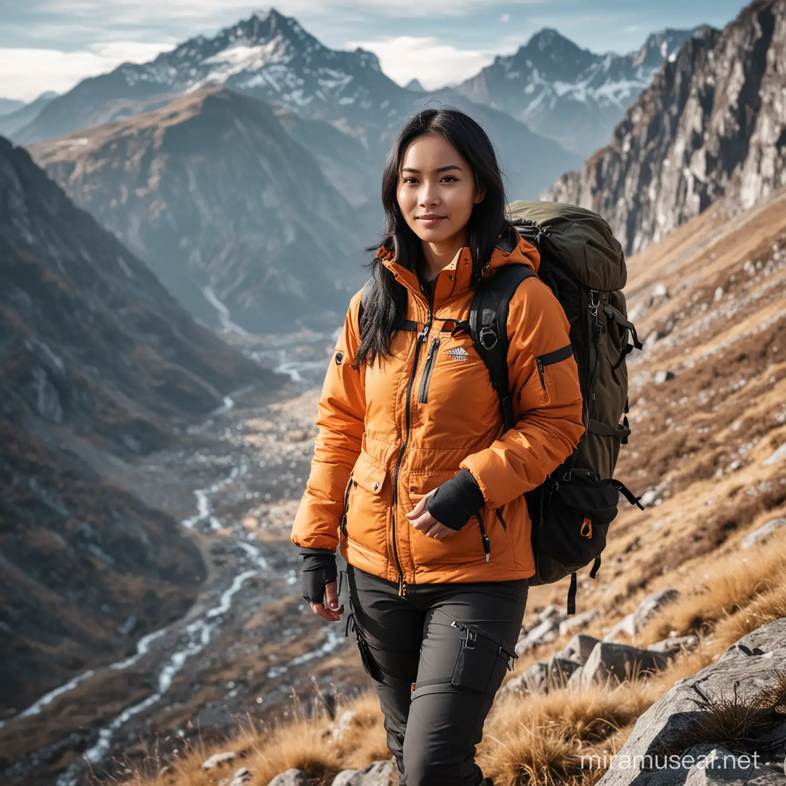 Stunning Indonesian Woman in Mountain Climber Gear against Morning Mountainscape