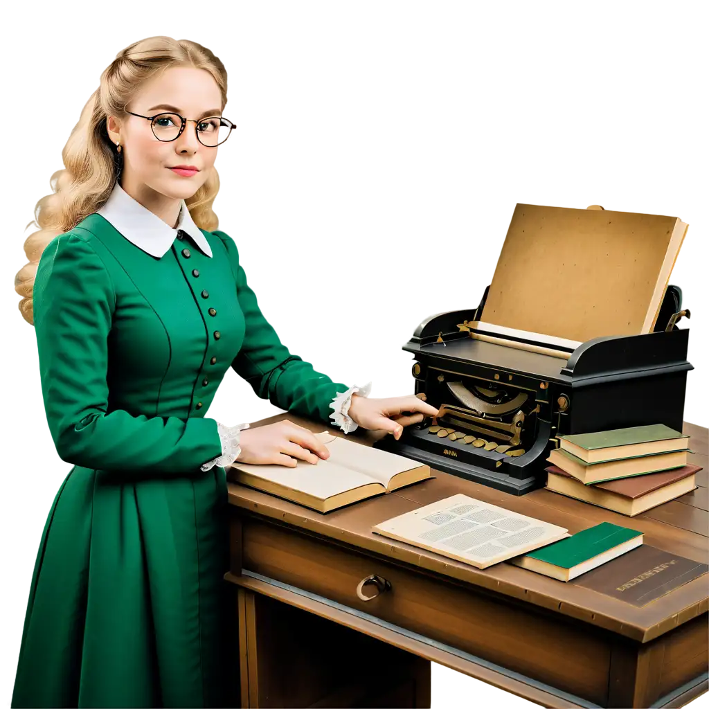 a genealogist in her office, white skin, blonde hair, glasses, historical victorian style, drak green dress, old documents and books and tools on the desk