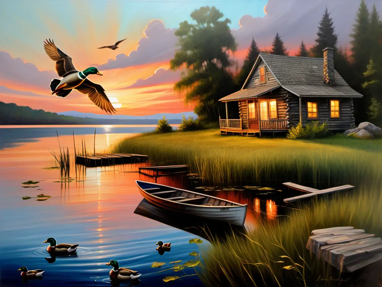  oil painting, old cabin on lake front , old pier, old boat, sunset,  weeds in lake, rock shoreline, mallards in forefront flying