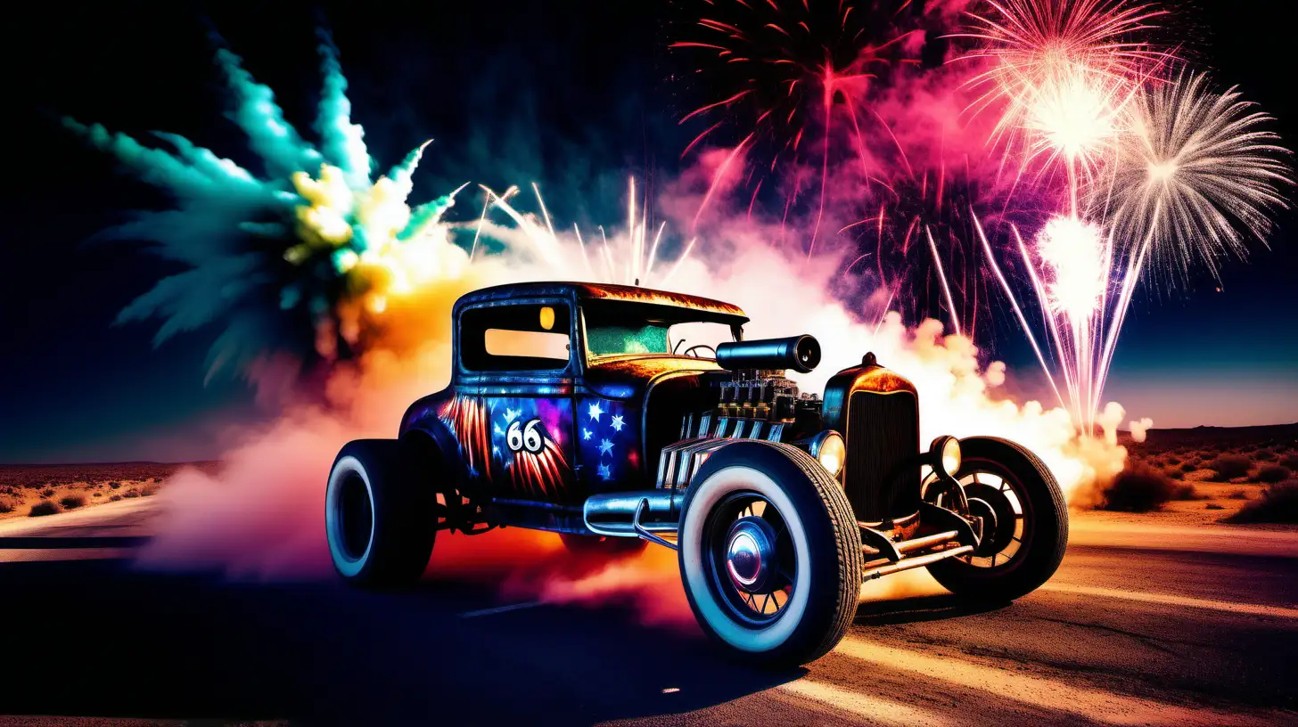 Horror atmosphere, Route 66, in the foreground Ford T in tuning with weapons, machine gun, Mad Max style cannon and accompanied by Death, New Year's Eve fireworks, all over the sky, colorful, jubilant, breathtaking, dynamic, high contrast,

