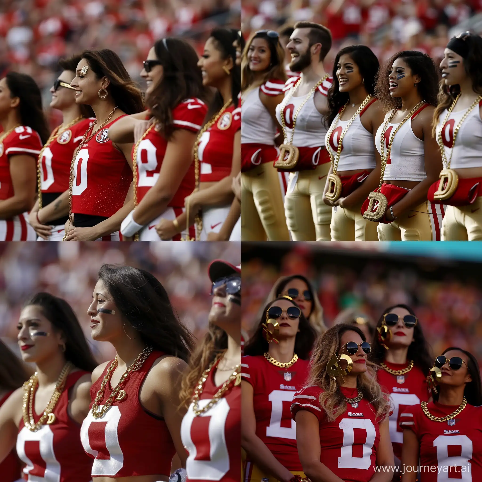  San Francisco 49ers, 2024 Super Bowl LVII , with cheerleaders, wearing small gold chain letter "D" attached, 
