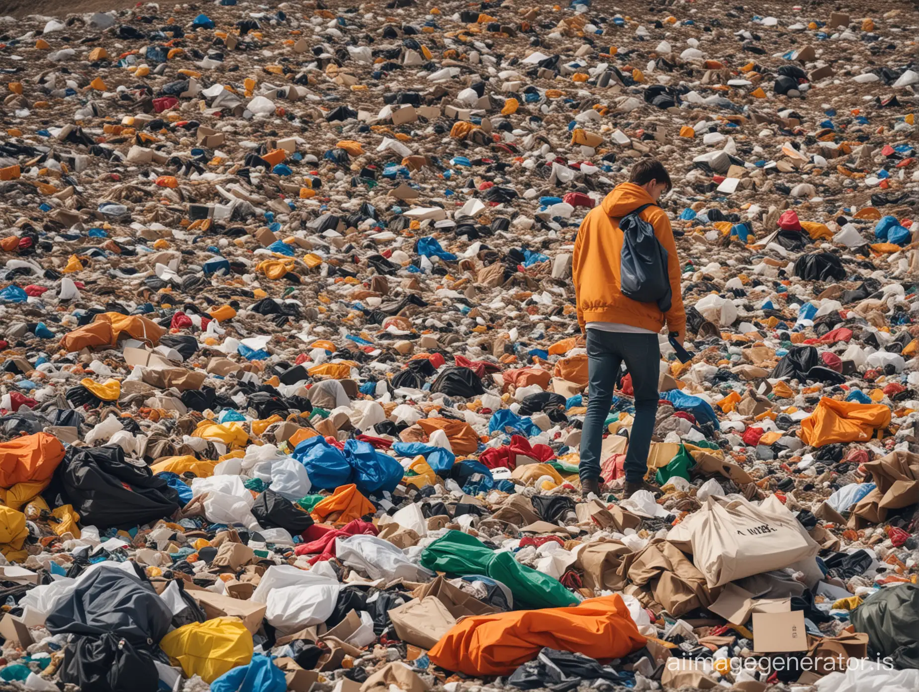 A massive landfill overflowing with designer clothing, electronics, and other luxury goods, all bearing brand logos. In the foreground, a single scavenger searches through the trash for something valuable. Coloring: Vibrant colors for the logos, muted browns and greys for the trash and background.