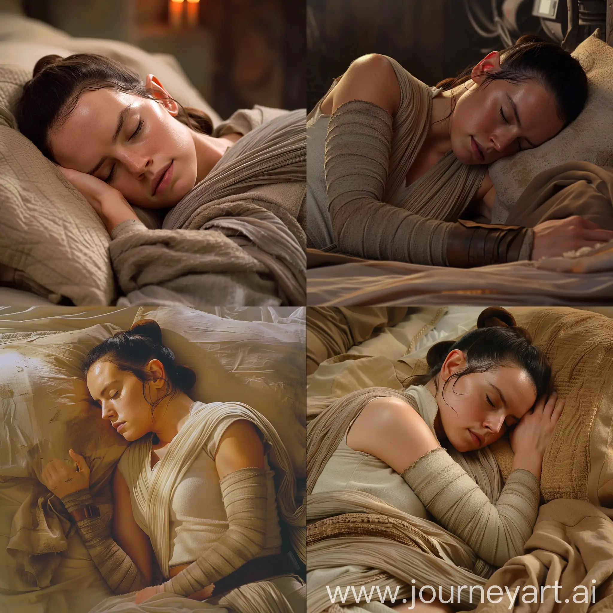 Rey from star wars movie sleeping in bed