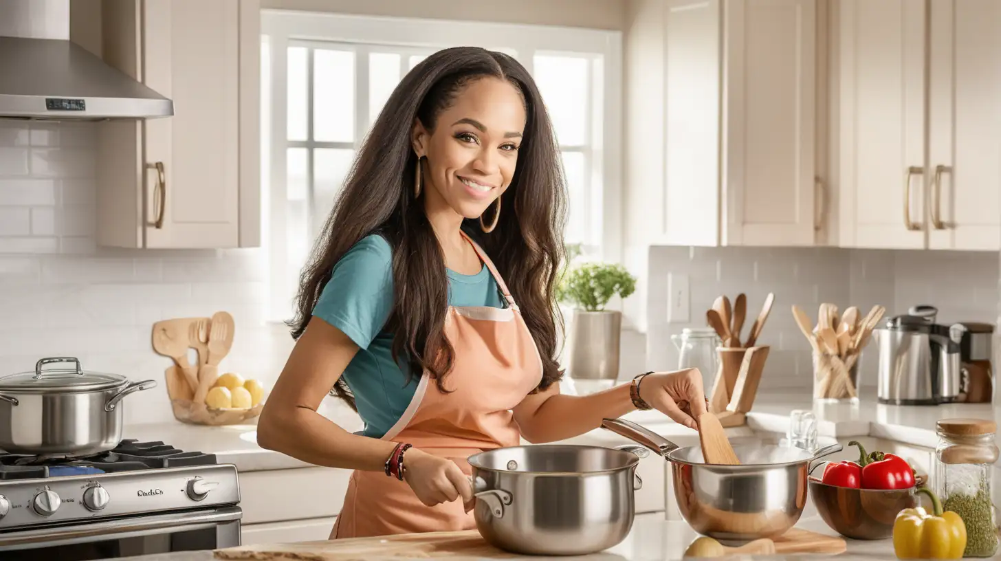 Light skin complexion mom who has long straight hair cooking in the kitchen 