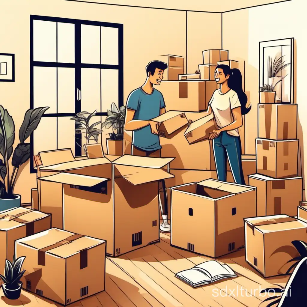 Newlywed-Couple-Unpacking-Boxes-in-Their-Vibrant-Cartoonstyle-Apartment