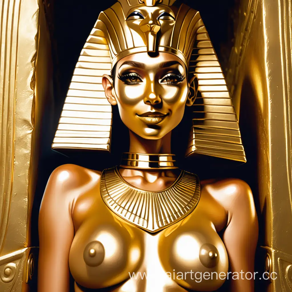 Обнаженная Девушка в образе саркофага фараона с золотой латексной кожей в одежде фараона улыбается с золотым латексным лицом с полностью золотым телом