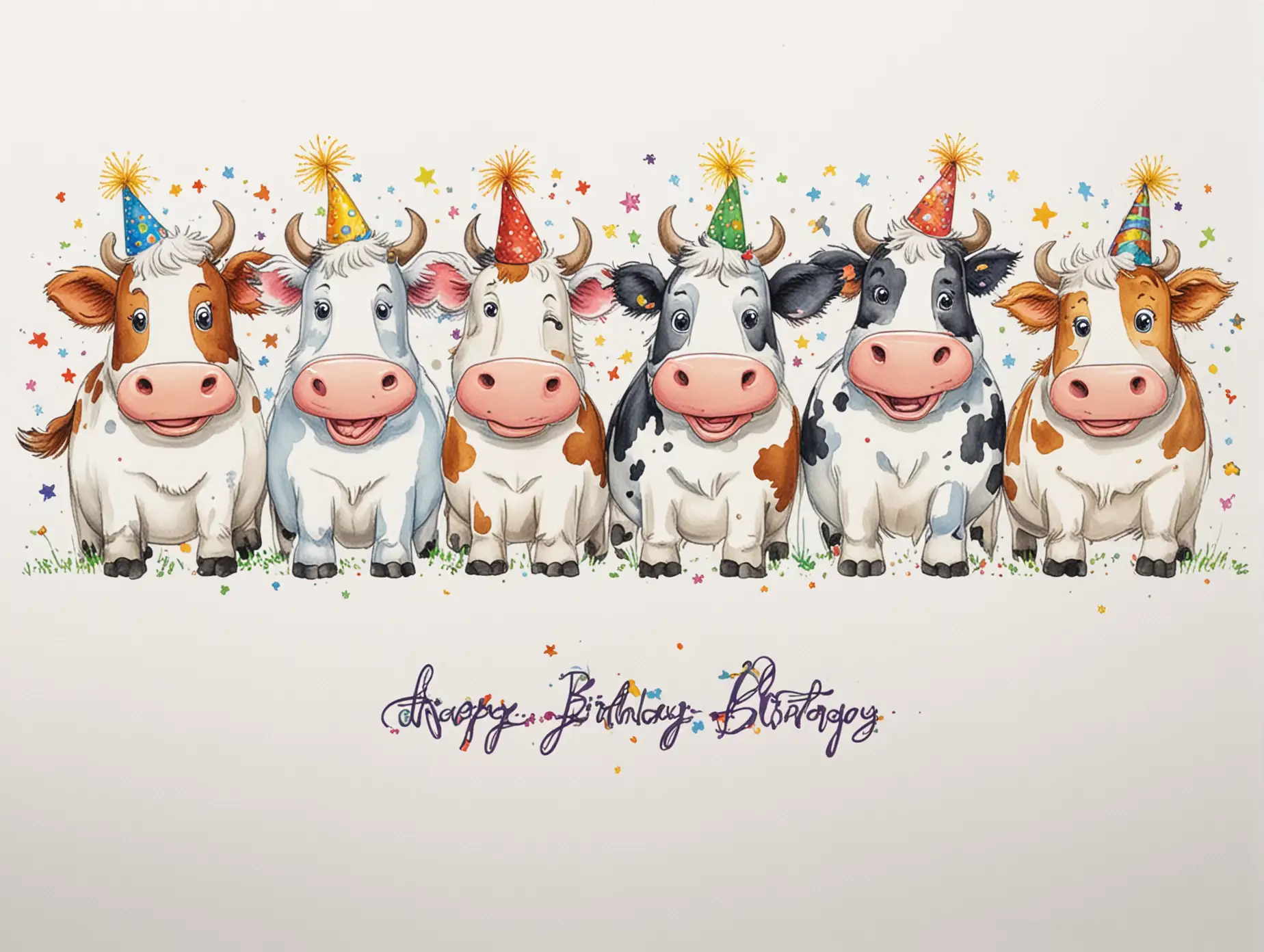 multicolour cows cartoon design, "HAPPY BIRTHDAY" in writing at the top, pure white background
