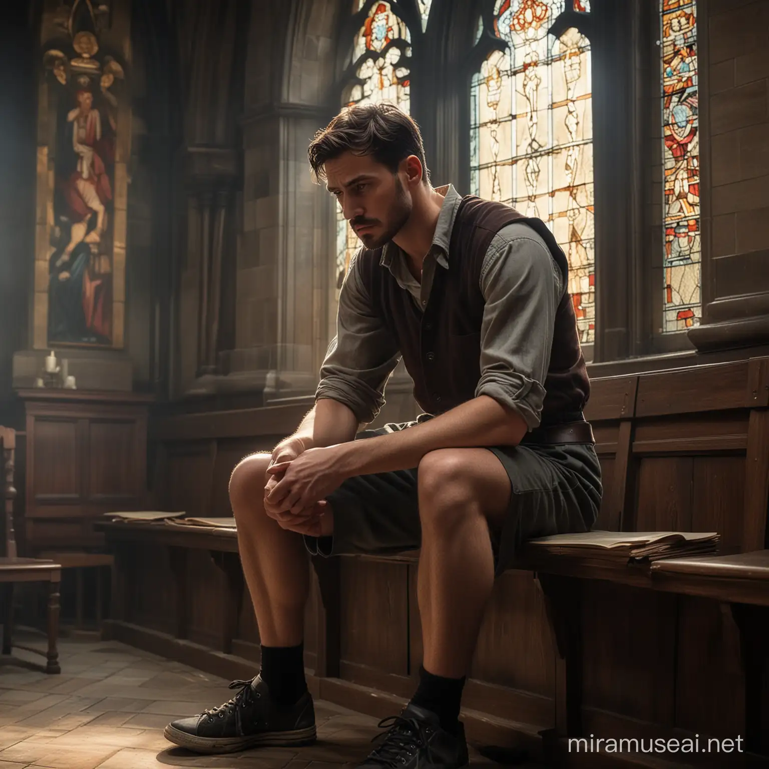 Create a visually striking artwork depicting a dark, somber scene of a solitary figure: a tall, broad, and stocky man seated in a dimly lit church library showing traditional stained glass. The man has black hair, broad shoulders, and an overweight stature with a round belly, dressed in cargo shorts, a collared t-shirt, sneakers, and socks. His expression is stern and brooding, with small eyes, a large nose, and big ears. His hazel eyes pierce through the darkness, conveying a fierce connection to the audience. The man's face is rounded with a double chin, sporting a traditional haircut with a side part, hair on both his arms and legs, and a short beard covering his chin and both sides of his face. The overall color palette should be dark, with shades of brown and maroon dominating the scene. The man is depicted alone, absorbed in his thoughts, and staring intensely into the distance, adding depth and emotion to the composition.