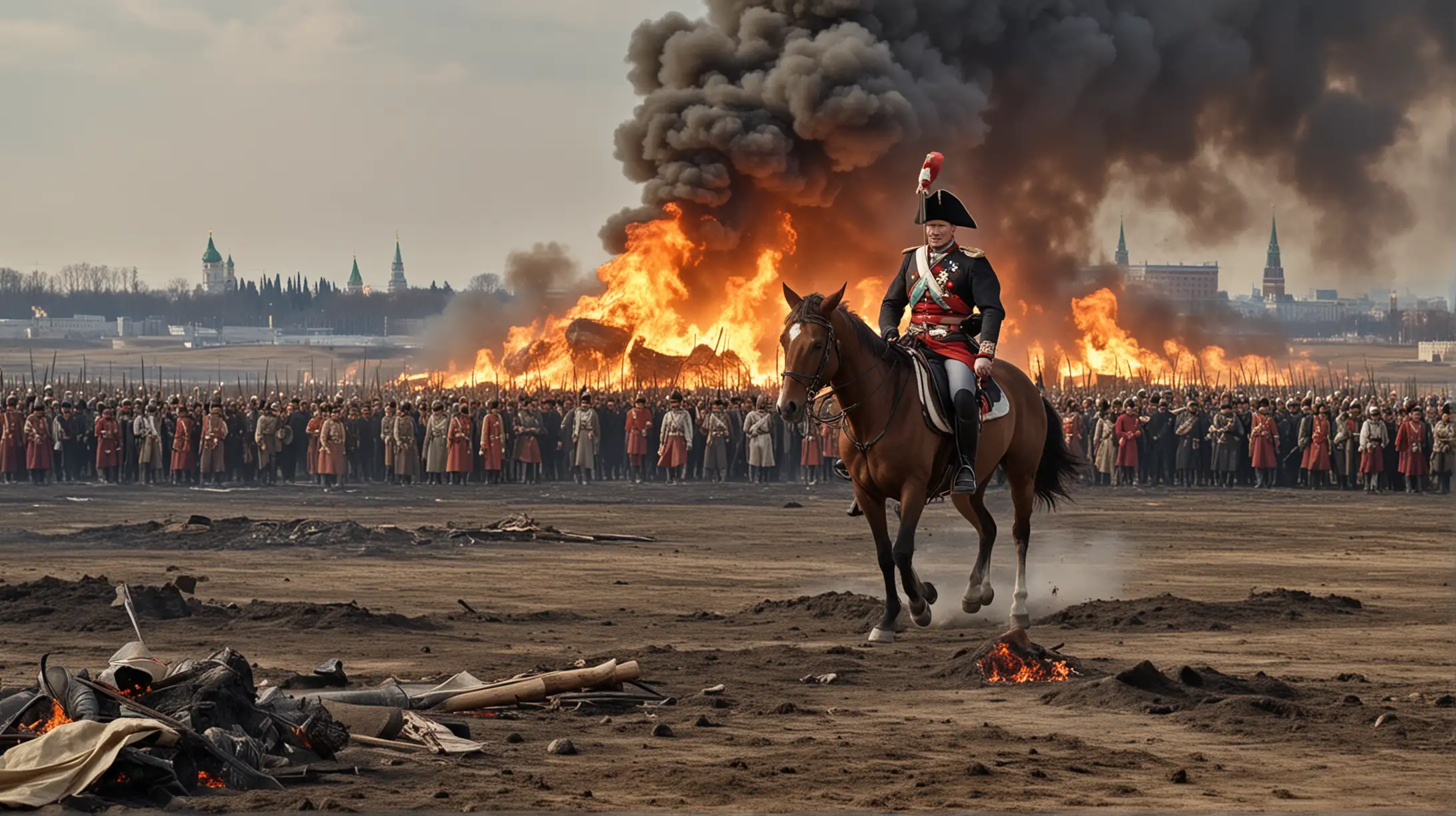 Vladimir Putin Impersonating Napoleons Retreat From Moscow with Kremlin in Flames