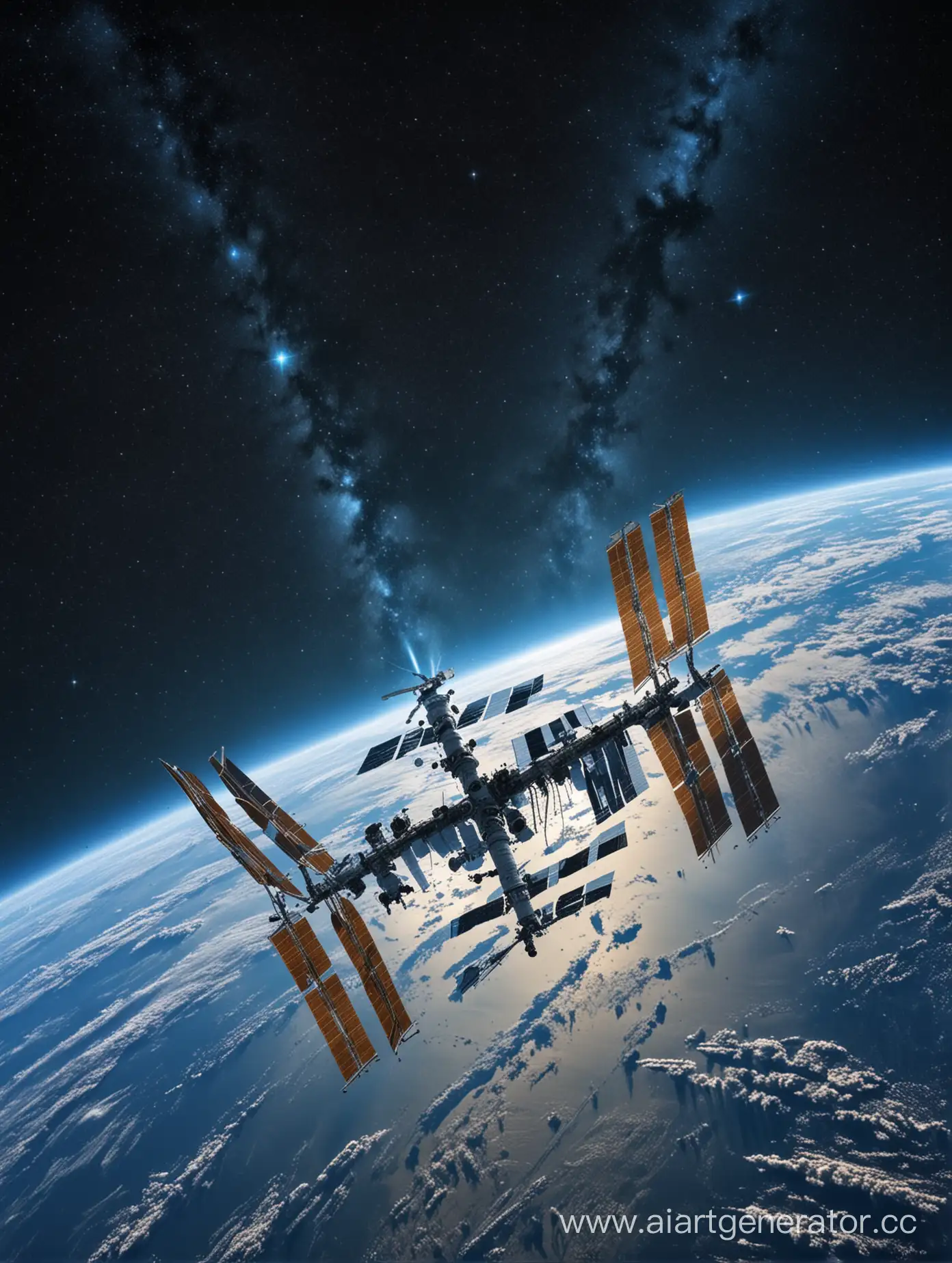 International-Space-Station-Emitting-Brilliant-Blue-Rays-Towards-Earth