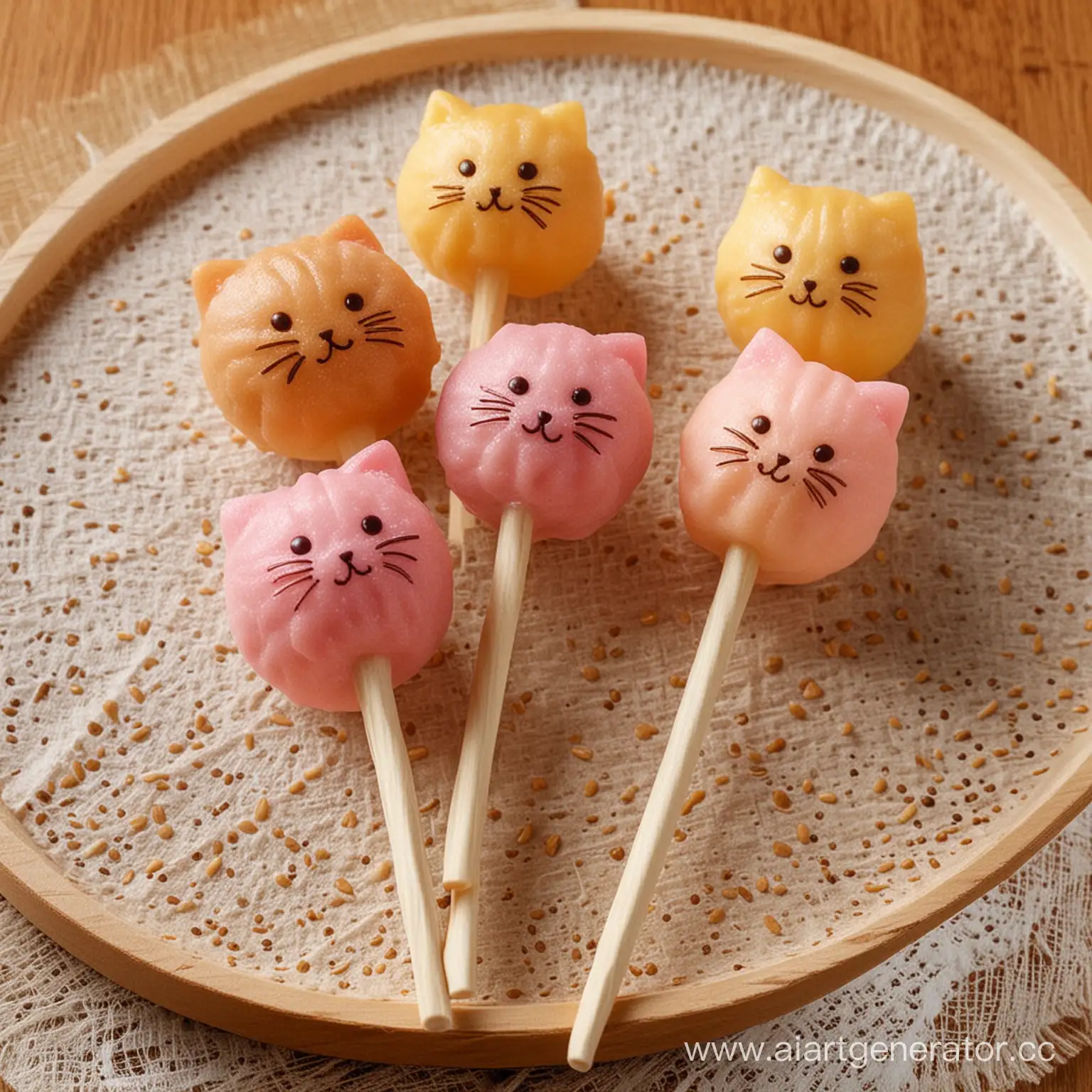 Японский десерт митараши данго на палочке в виде круглых котиков