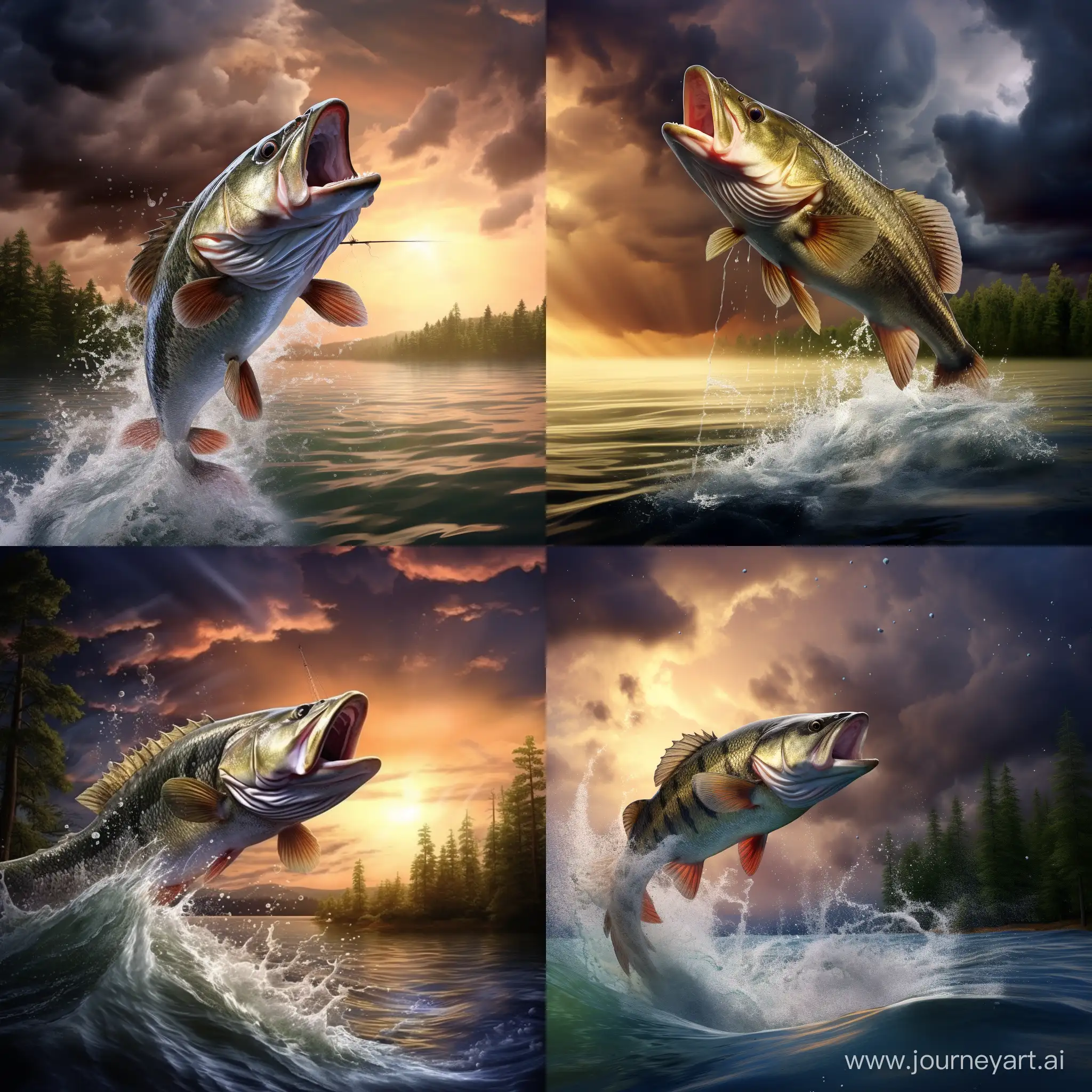 "Throwing a bass fishing lure from its mouth." A largemouth bass fish, is jumping out of a lake, an Extreme splash of water from the thrashing movement of the largemouth bass fish. The background is a beautiful sky with lightning flashes, over a lake in the woods. photo realistic quality