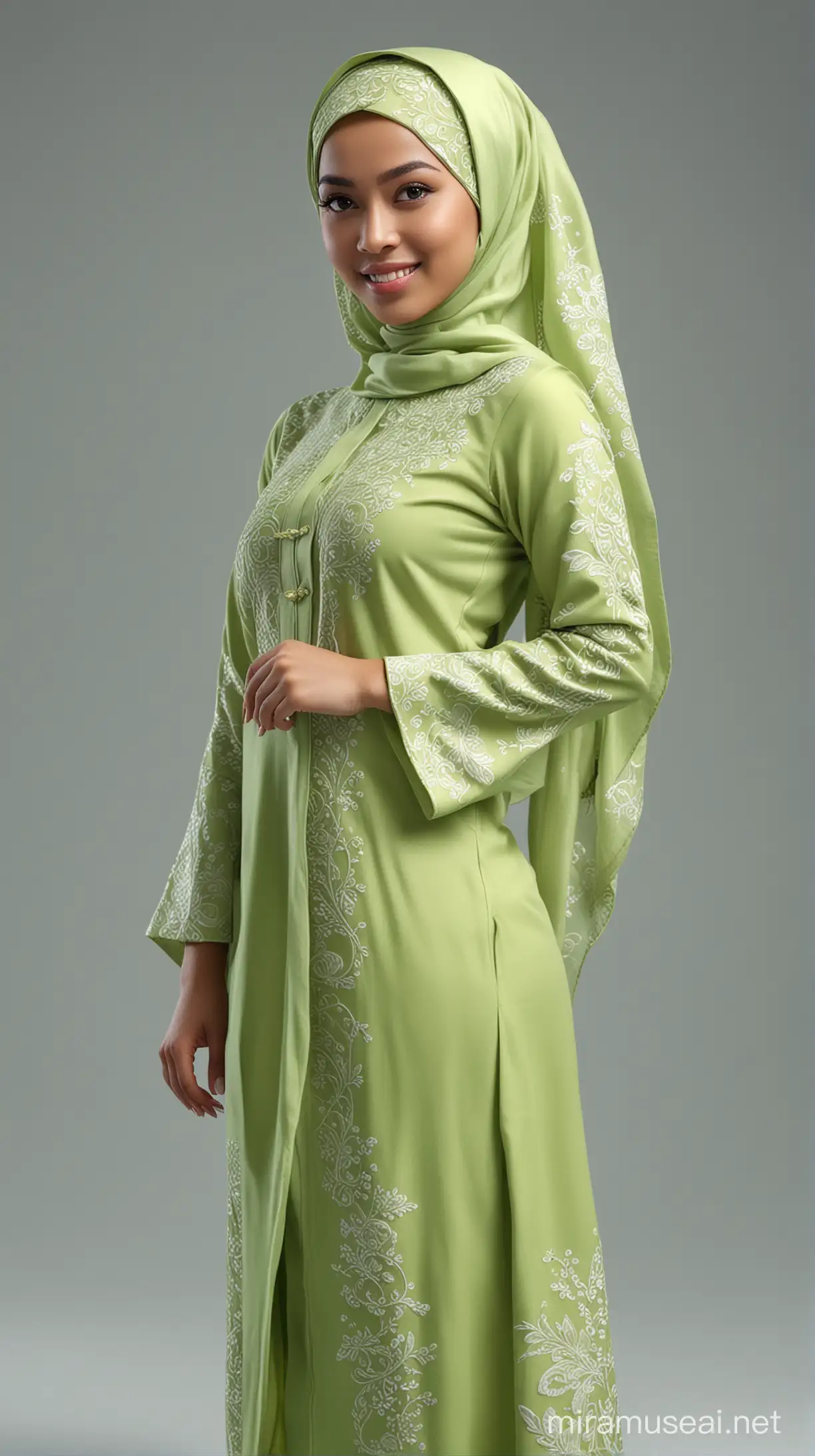 Professional photography, 3D, HDR, 16K UHD, full body shot, create a highly detailed photorealistic image of a young beautiful Malay female in fully hijab cover whole body, looking elegant with soft gentle smile in a lime green baju kurung with intricate design, face facing frontview, hand outstretched, ultradetailed, ultra HD, high resolution, peach background