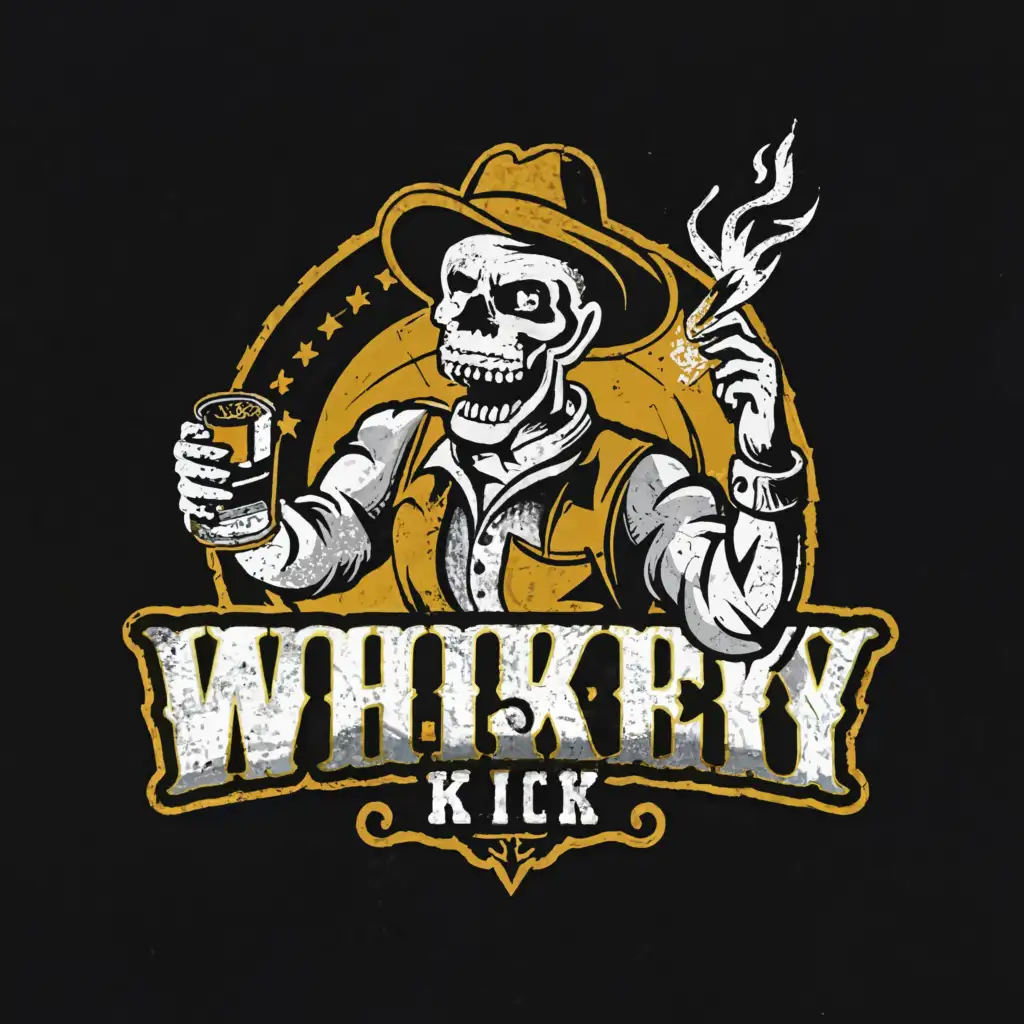 a logo design,with the text "Whiskey Kick", main symbol:A skull cowboy running pouring bourbon down his mouth. ,complex,be used in Sports Fitness industry,clear background
