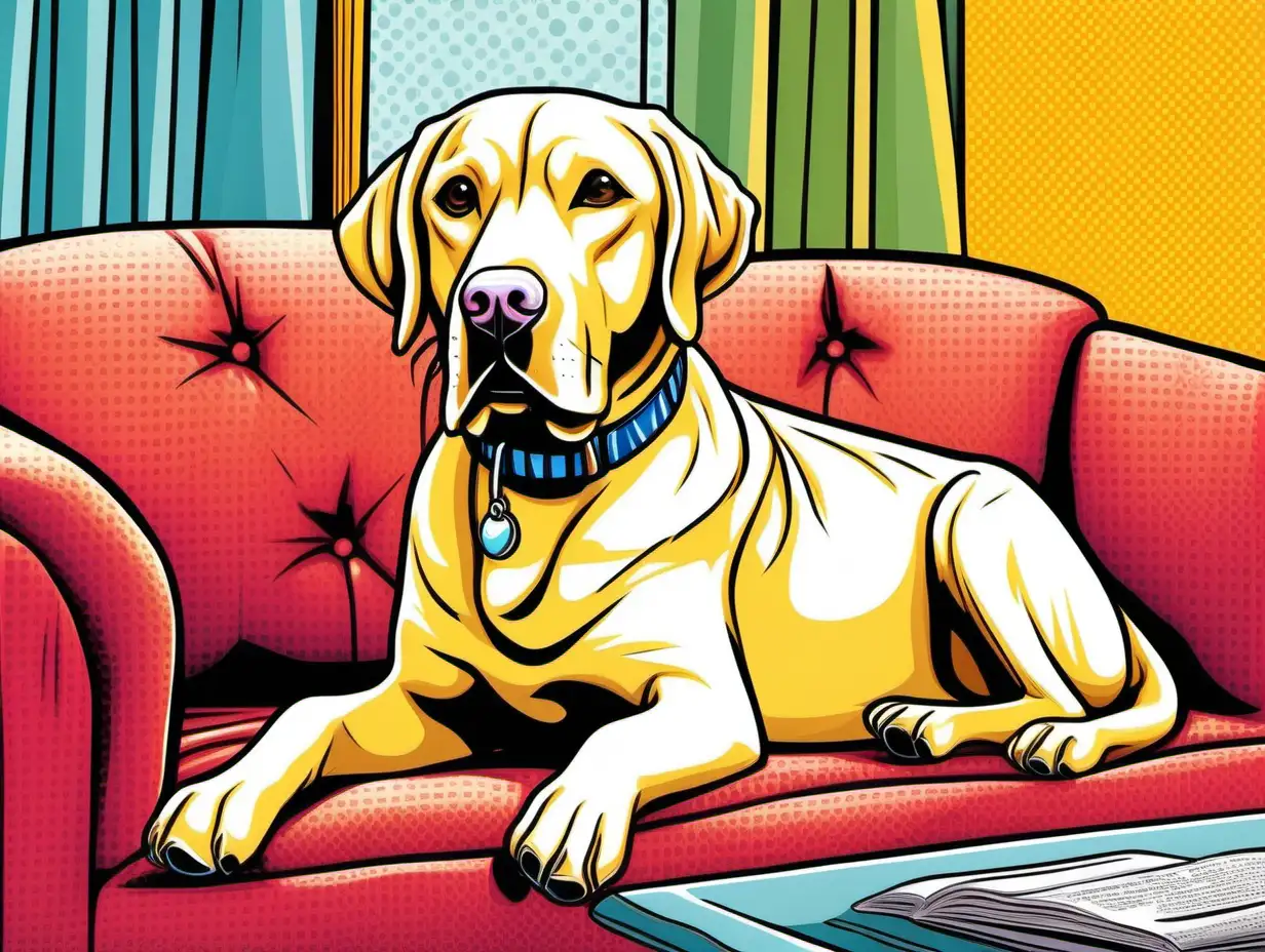 a cartoon character yellow labrador retriever laying on a couch, without collar, in a cozy living room, vibrant color, white background, in the combination style of Mel Ramos and pop art 
