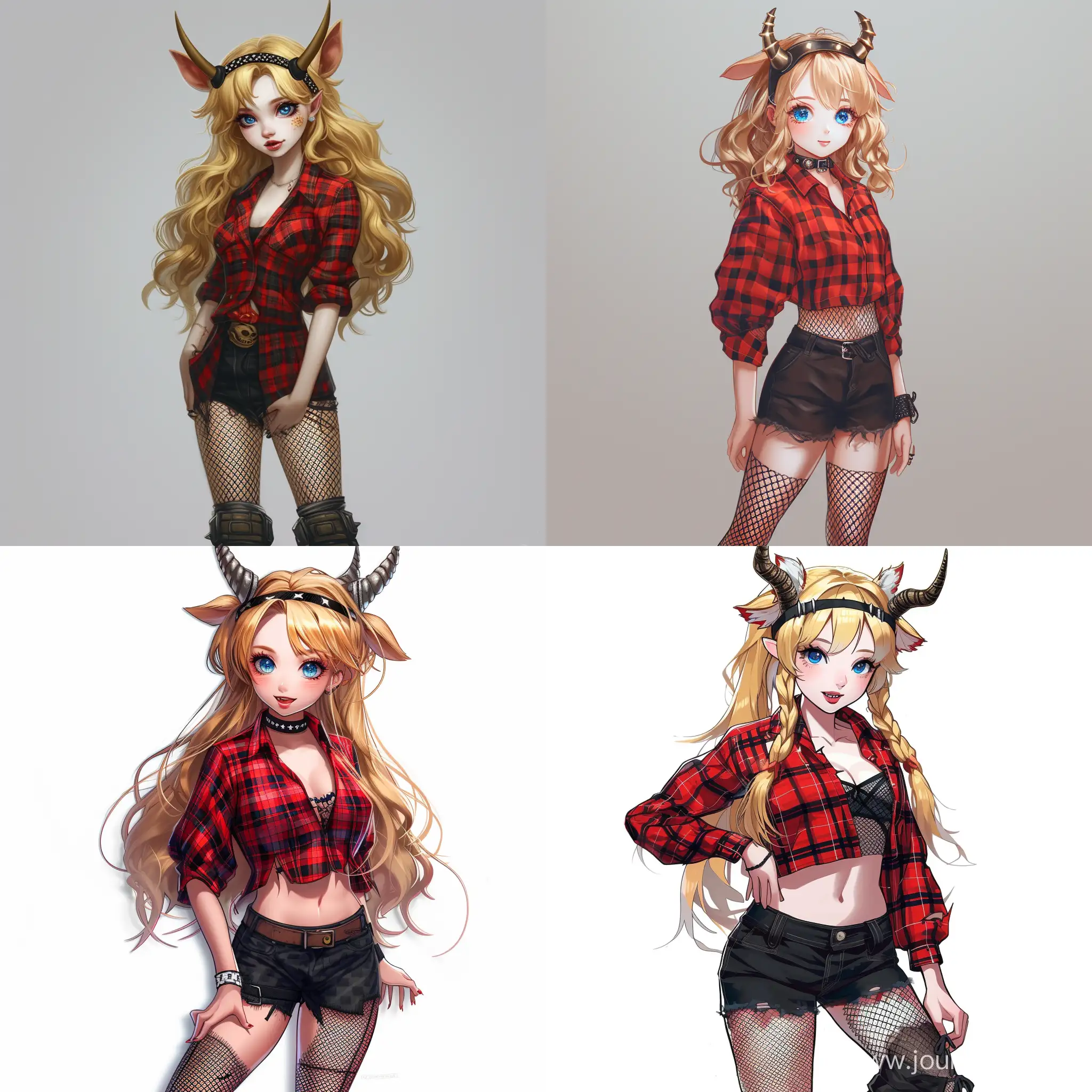 Beautiful girl, golden blonde hair, blue eyes, white skin, teenager, 15 years old, Halloween party, headband in the form of horns, red plaid shirt, top, black shorts, fishnet tights, heavy boots, high quality, high detail, cartoon art