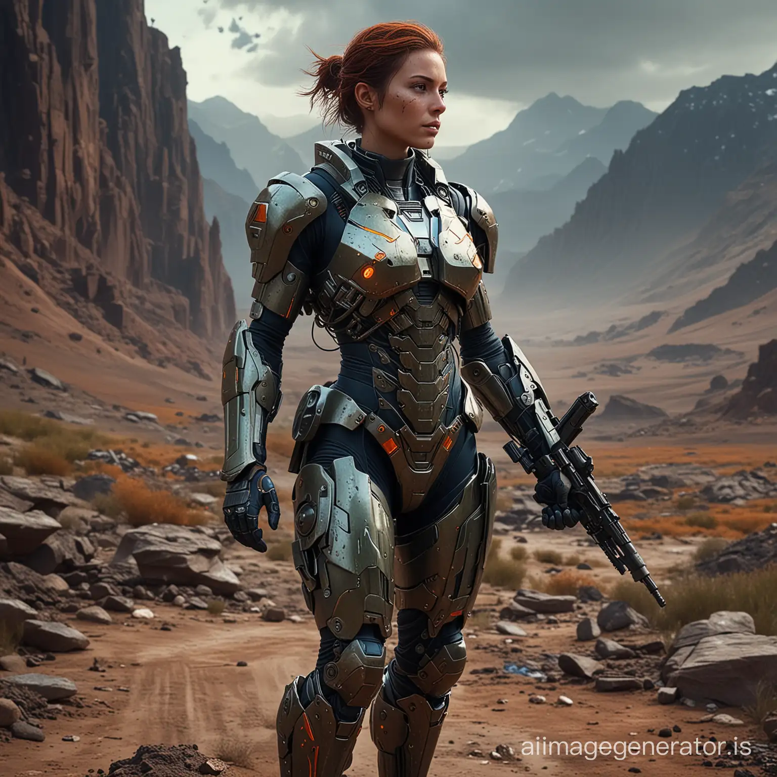 A future cyborg soldier goes through the wasteland, very detailed clothing and armour, plants, mud, rocks, mountains, very dynamic position, very detailed background, digital painting, hyperrealistic, sci-fi, Surrealist, by Jude Smith, artstation, very highly detailed, sharp focus, sci-fi, stunningly beautiful, dystopian, iridescent colours, dark green, dark olive, dark blue, dark brown dark red and orange, cinematic lighting, dark,