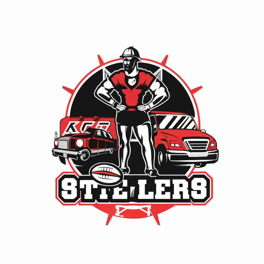 LOGO-Design-For-KCRS-SOK-Steelers-Dynamic-Steelman-and-Cab-with-Rugby-Ball-in-Red-Black-and-White