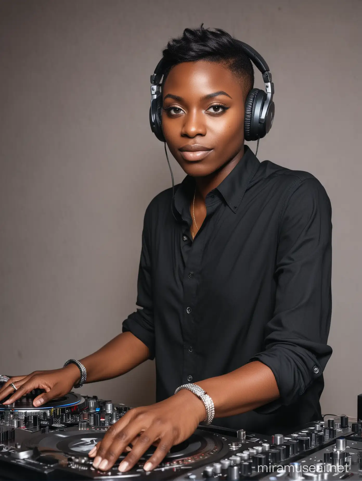 Nigerian, 27 year old androgynous DJ, close cropped hair, in front of turntables at a party