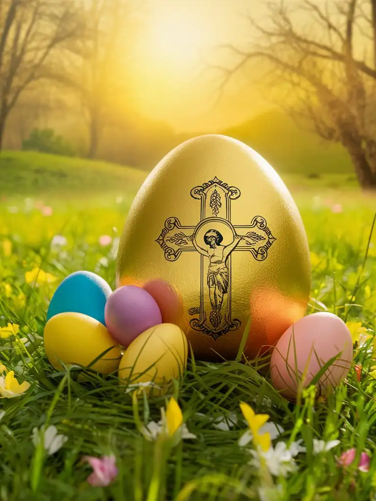 Eastern egg is on spring meadow covered with various colored eggs. There is picture of crossed Jesus on surface of eastern egg. Backround is on golden sunset atmosphere .