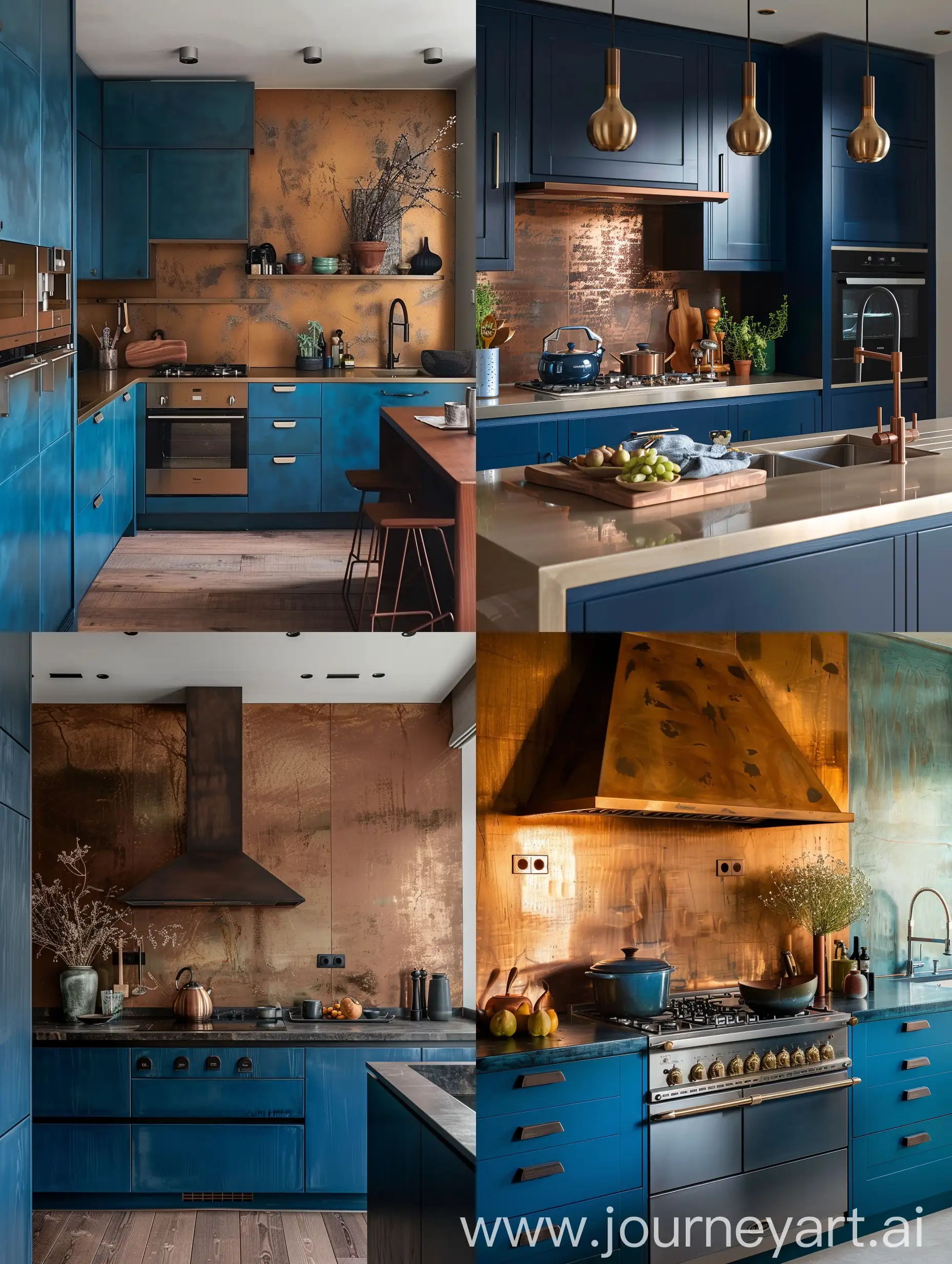 kitchen in petrol blue and bronze color scheme