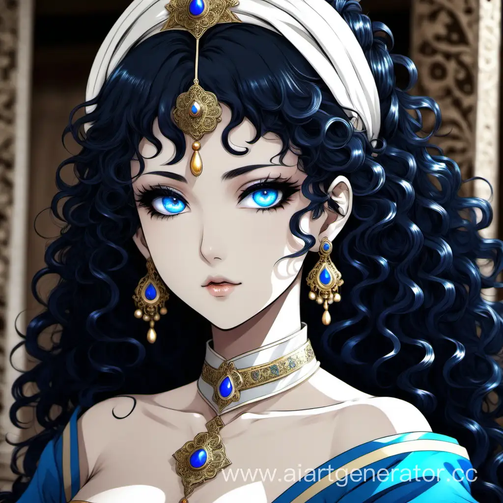 аниме  девушка с черными кудрявыми волосами и голубыми глазами. она наложница султана