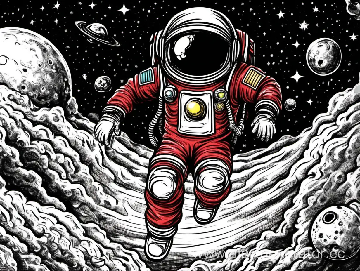 doodle jump стал космонавтом и прыгает в космосе на платформы в красной форме и закрытой маской