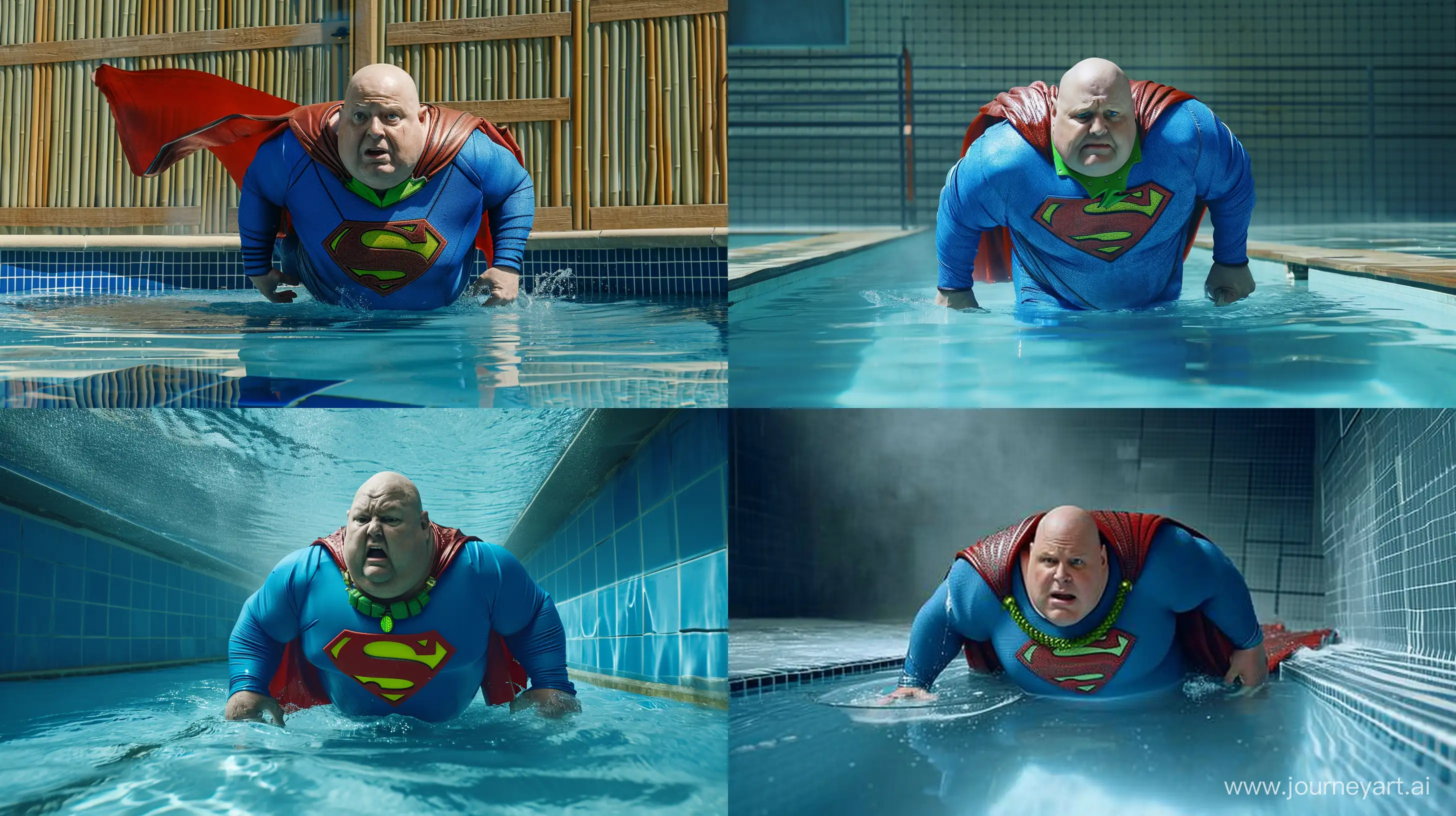 photo of a man crawling in a pool. He is a chubby man aged 70. He wears a tight bright blue superman costume with a  green nacklace. Big red cape. He has an expression of fear on his face. Clean shaven, bald, high-quality, --ar 16:9 --v 6