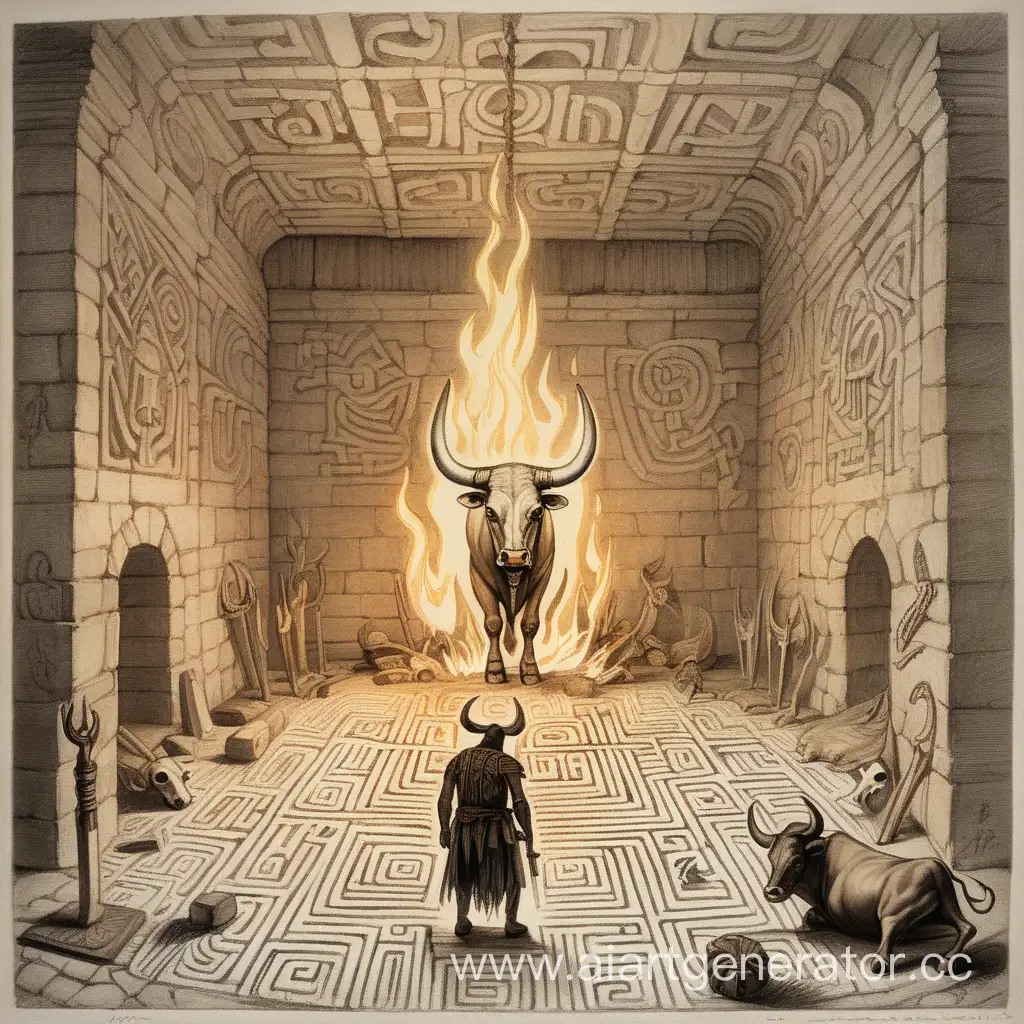 Mystical-Minotaur-in-Labyrinth-with-Torches-Bones-and-Axes