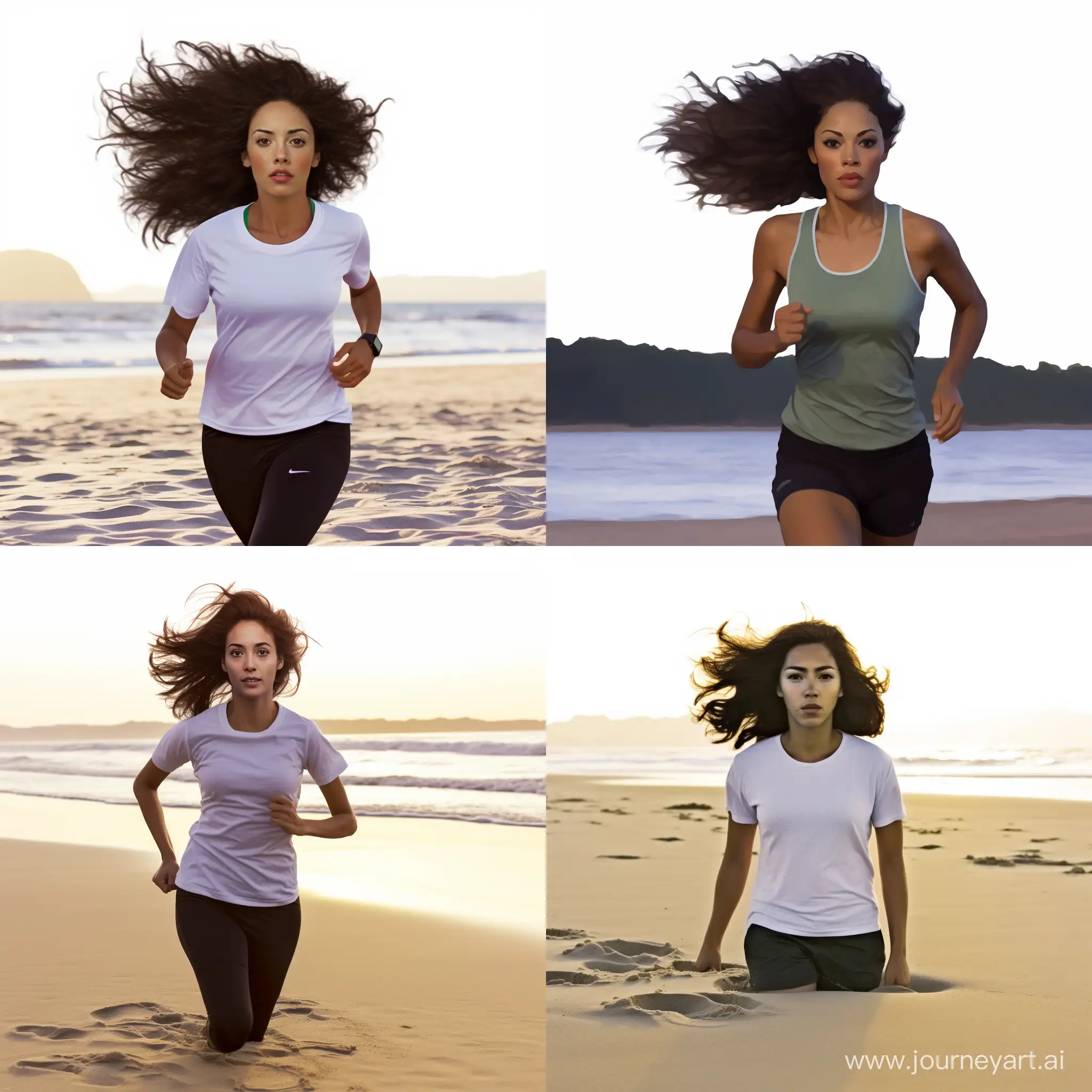 realistic portrait photo of beautiful woman with black hair, brown skin, influencer, light freckles, green eyes, running on the beach with a white t-shirt
