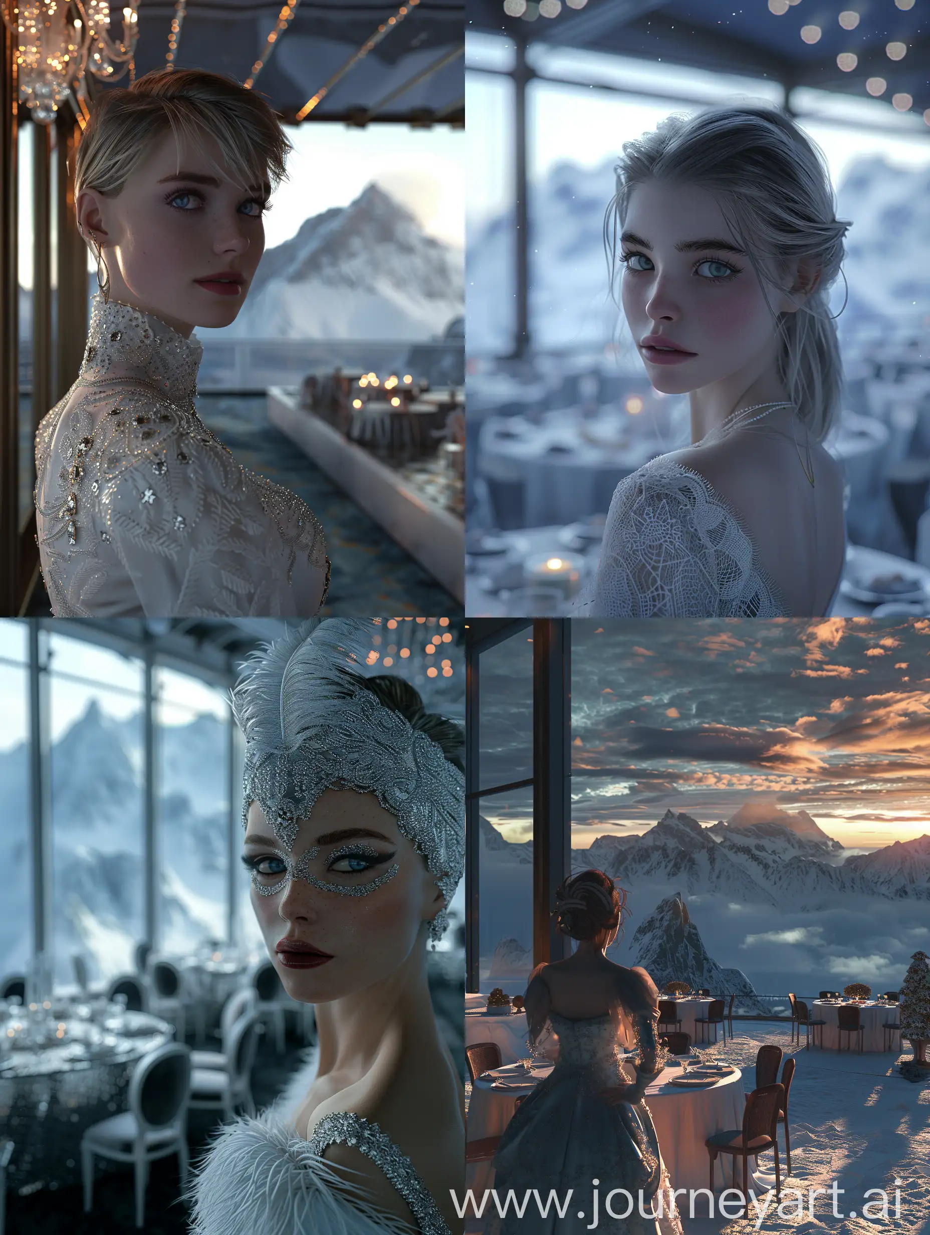 at the big ballroom on the peak of the mountain, in North Pole, far from anywhere, extreme Detail CG Unity 8K wallpaper, masterpiece, highest quality, exquisite lighting and shadow, highly dramatic picture, cinematic lens effect, delicate facial features, excellent detail, outstanding lighting, wide angle, (excellent rendering, enough to be proud of its kind, photorealistic image