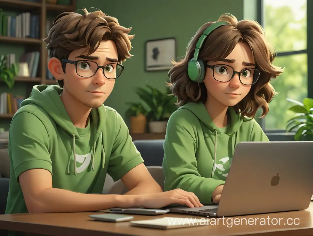 виртуальные персонажи фрилансеры брат и сестра взрослые в стиле мультяшном и зеленых тонах с ноутбуками