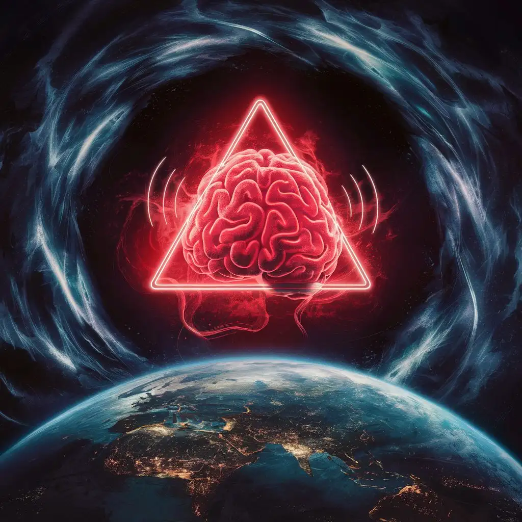 красный неоновый треугольник парящий мозг и делающий странности на планете земля в зле