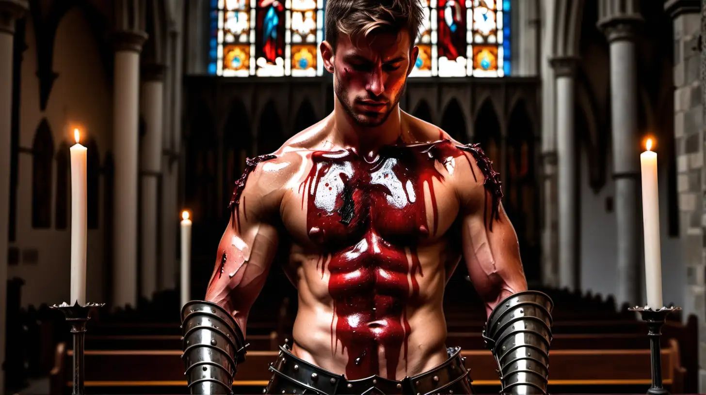 Handsome male knight short hair tanned stubbles shirtless muscular hairy gauntlets leg armor very sweaty oiled up dripping wet bloody injured bleeding pain candles church stained glass 