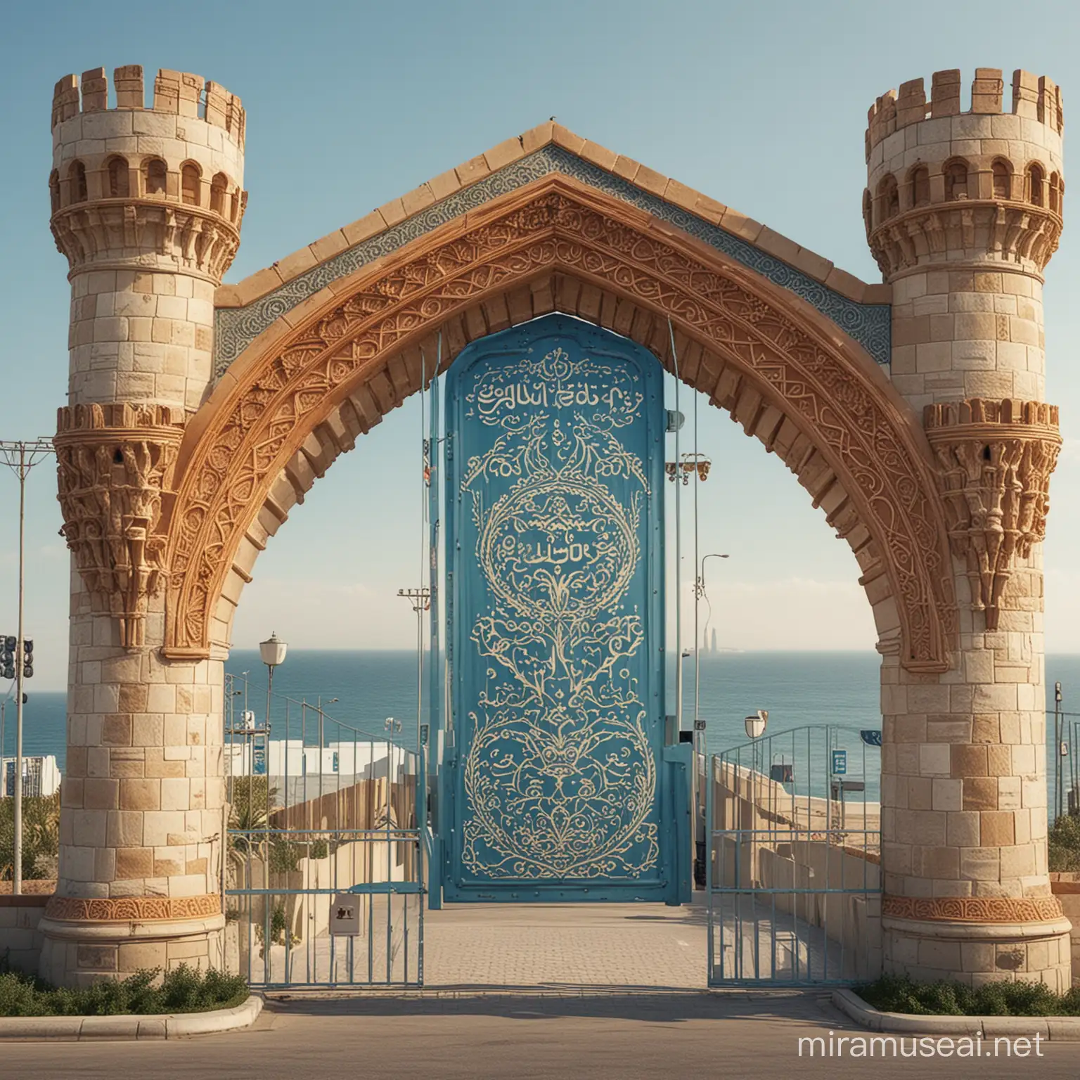 Designing gates for cars to pass through, paying customs fees, roads for more than one car to pass through, and paying transit fees for the city. It has more than one gate and a booth for paying taxi and landlord fees, and a display screen. This is from the logo of Qalyubia Governorate, so that the gates are taken from the design of the planting and the plant, the shape of the shield, the shape of the sea water, and the castle, and coloring that with color.  Blue, orange, white and beige