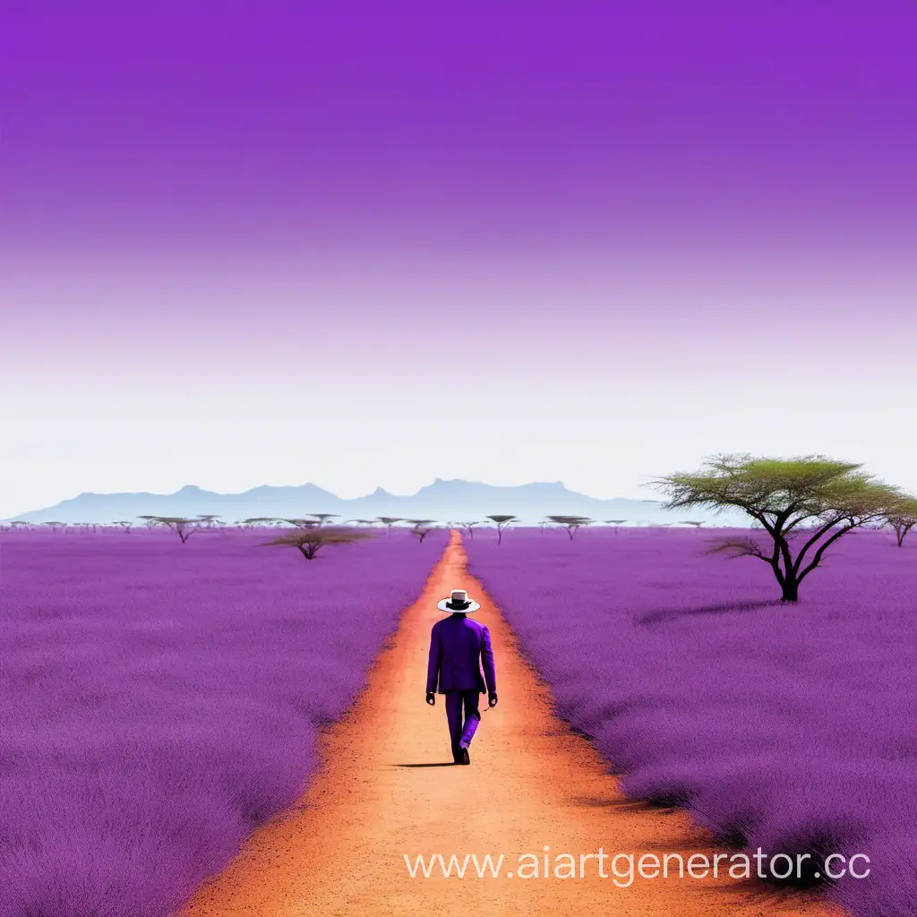 A man wearing a hat walks in a purple savannah with the scenery behind his back