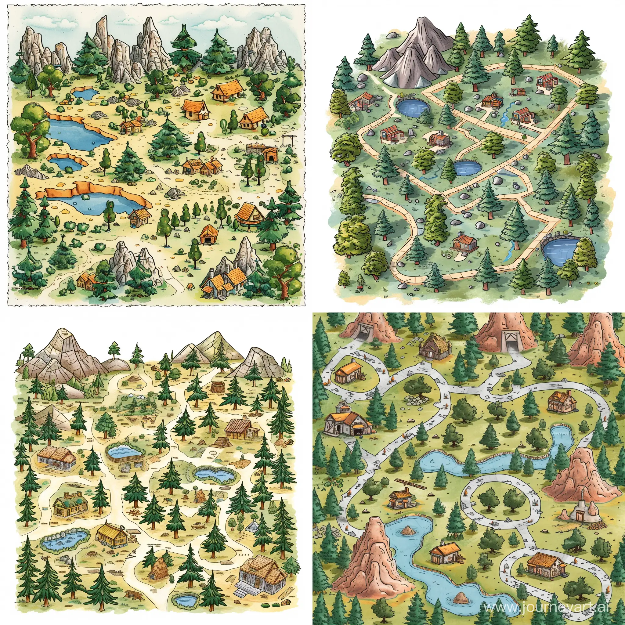 A board game playing field. trees, mountains, reservoirs, several houses and artifacts are randomly distributed on it. 3/4 view. Draw everything in hand paint style